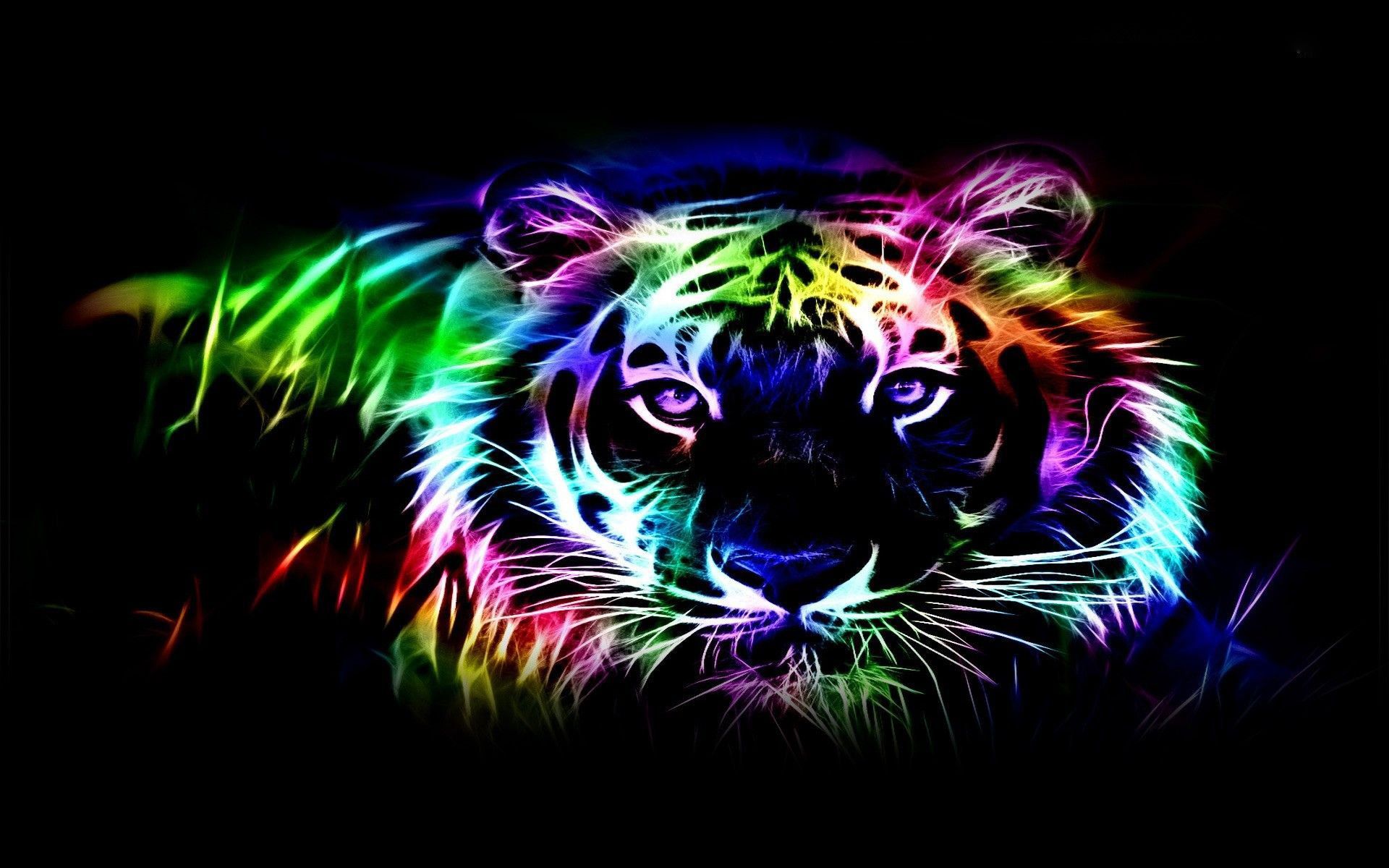 Tiger, Neonfell, Raubkatze, Regenbogenfarben, Schwarzer Hintergrund, Full HD Wallpaper
