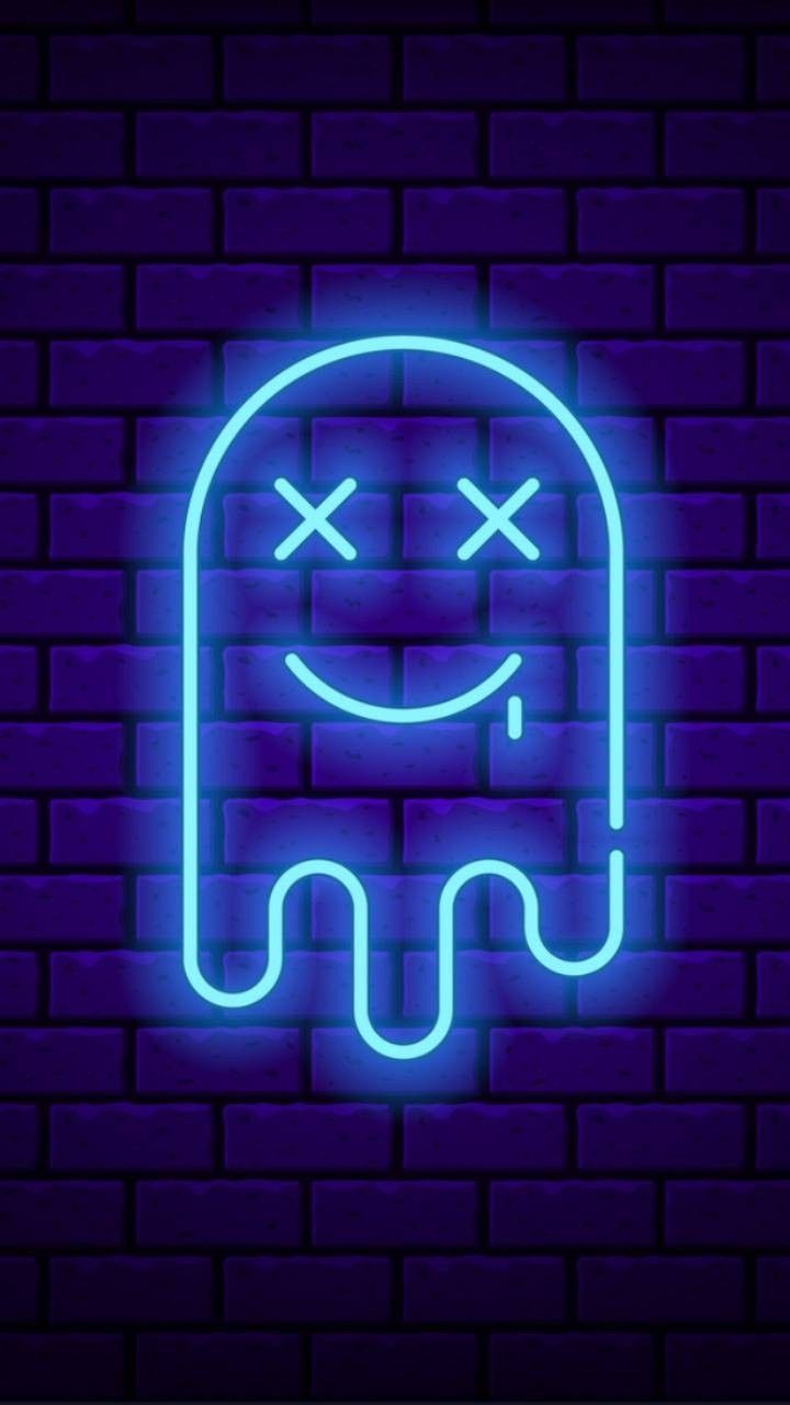 Geist, Neonschild, X-Augen, Blau, Backsteinwand, Hintergrundbild für iPhone und Android