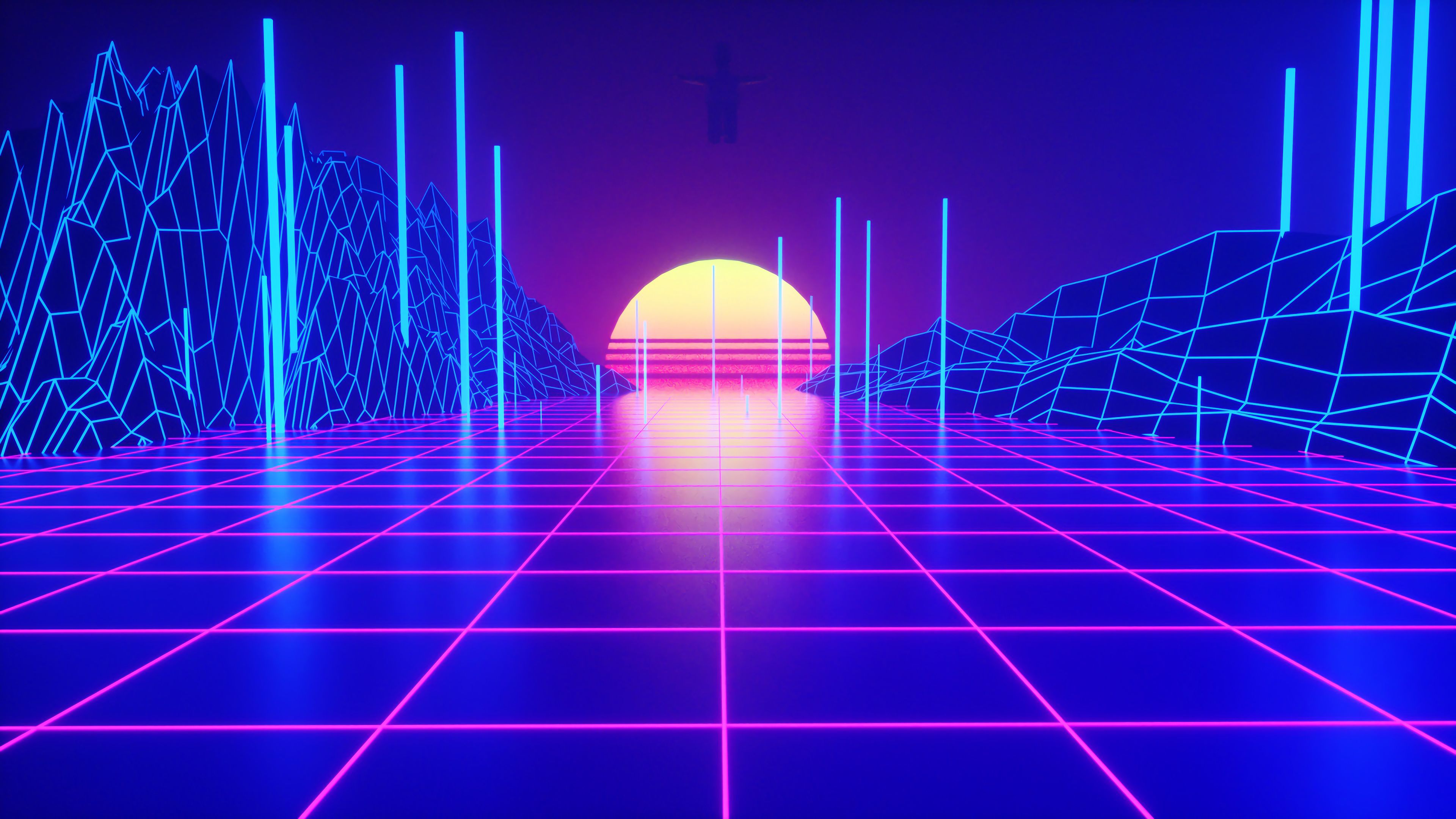 Synthwave, Retrowave, Neonraster, Sonne, 80er-Jahre, 4K, Desktop-Hintergrund für Windows