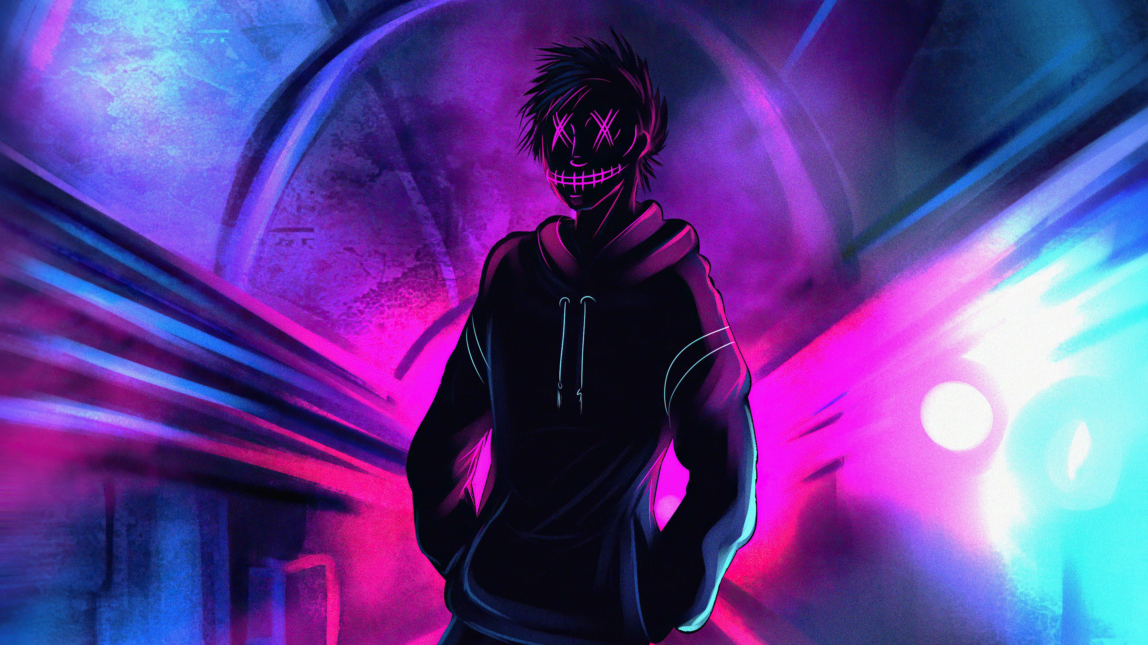 Hoodie, Maske, Junge, Pink, Blau, Digitale Kunst, 4K 2160p, Desktop-Hintergrundbild