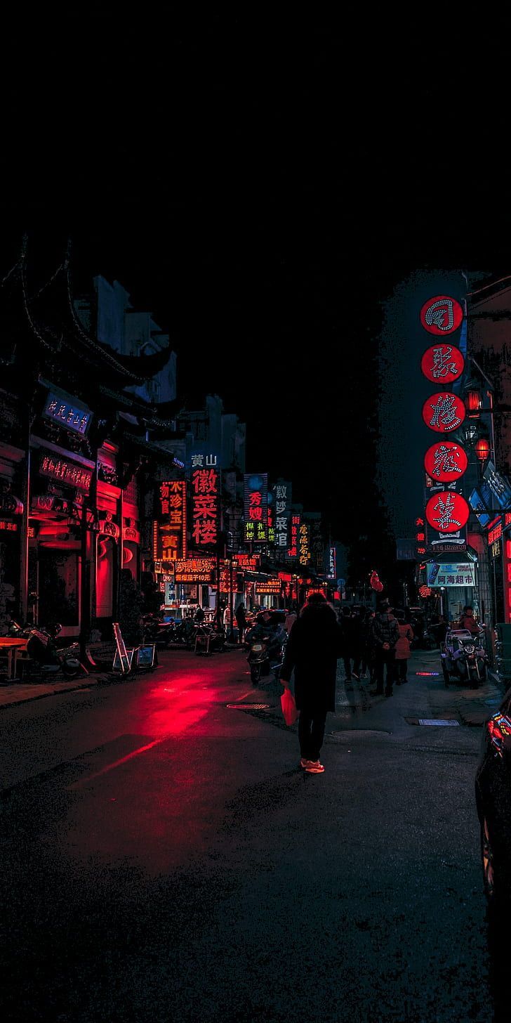 Gasse, Nacht, Rote Lichter, Asiatische Stadt, Dunkel, HD, Sperrbildschirm fürs iPhone