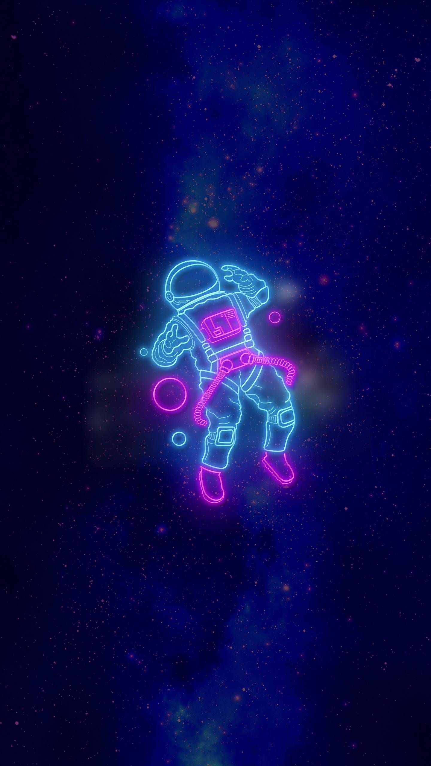 Astronaut, Neon-Umriss, Weltraum, Sterne, Dunkelblau, QHD+, Hintergrundbild fürs Handy
