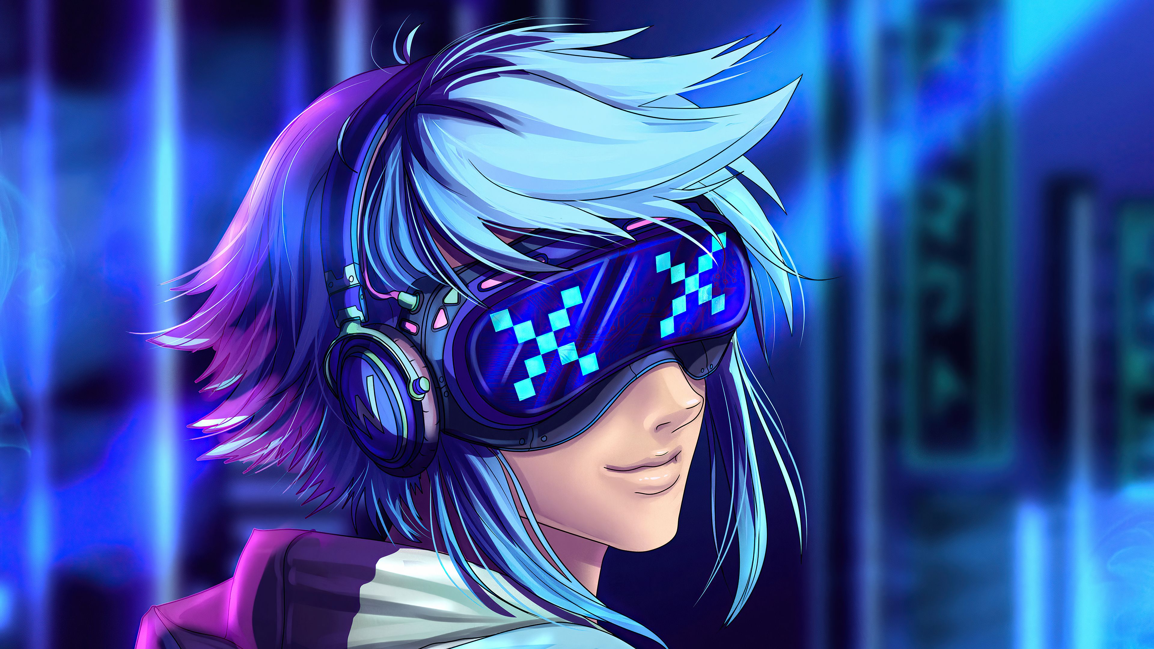 Anime-Junge, Kopfhörer, LED-Brille, Cyberpunk, Blau, 4K, Hintergrundbild für den PC