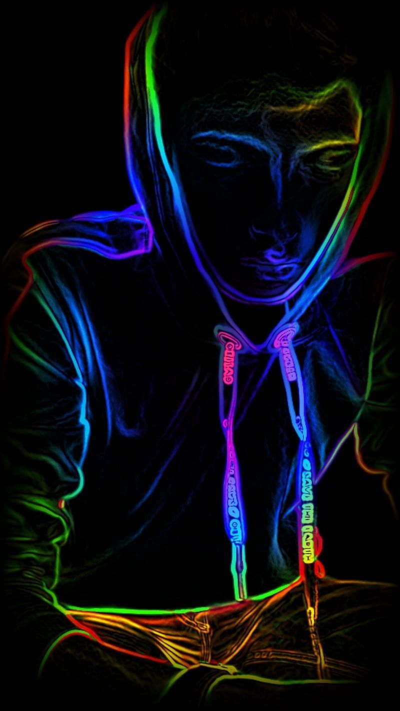 Neonumriss, Kapuze, Person, Regenbogenlinien, Schwarzer Hintergrund, Sperrbildschirm fürs iPhone