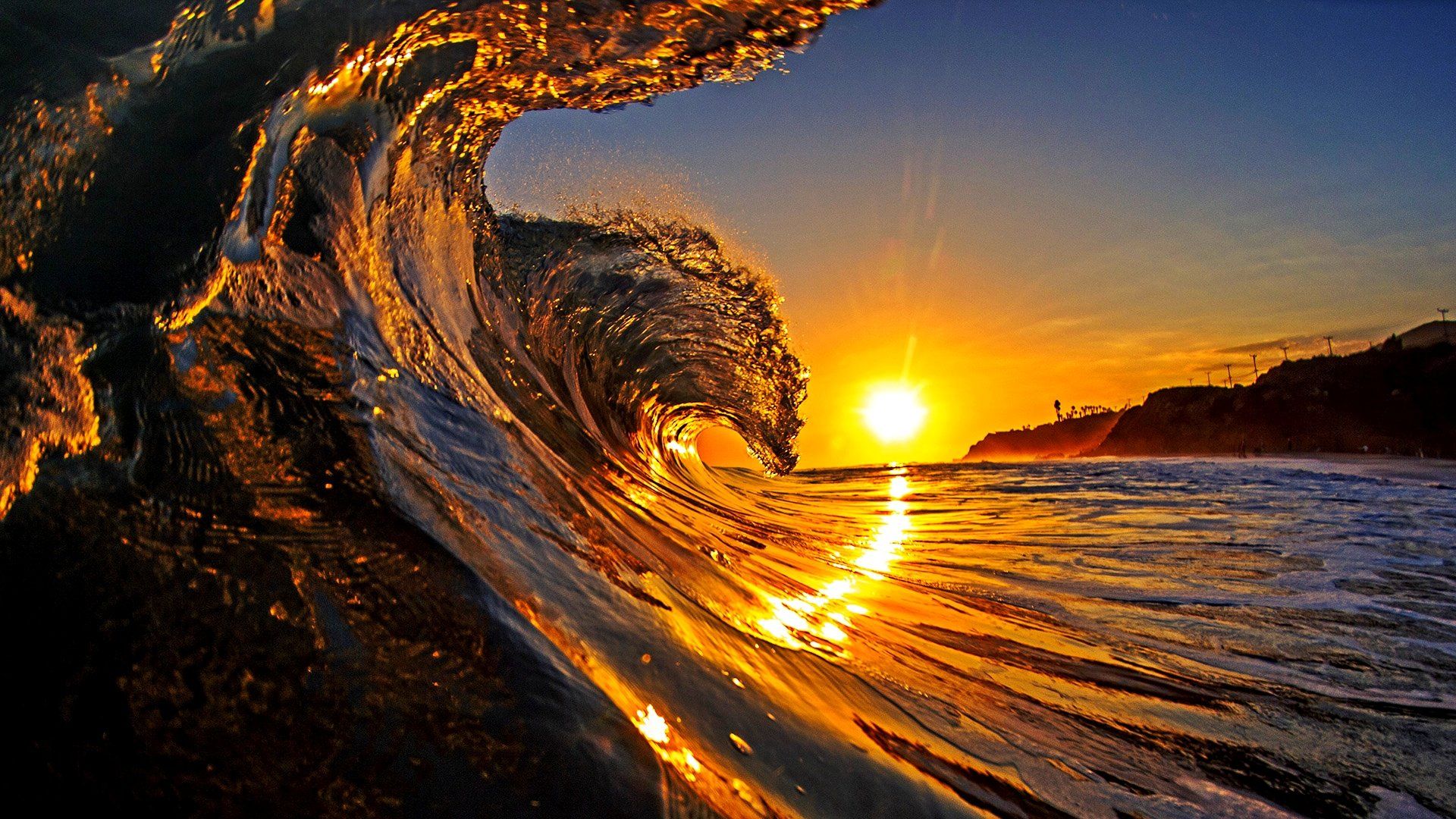 Welle, Sonnenuntergang, Brandung, Meer, Goldenes Licht, Full HD 1080p, Desktop-Hintergrundbild