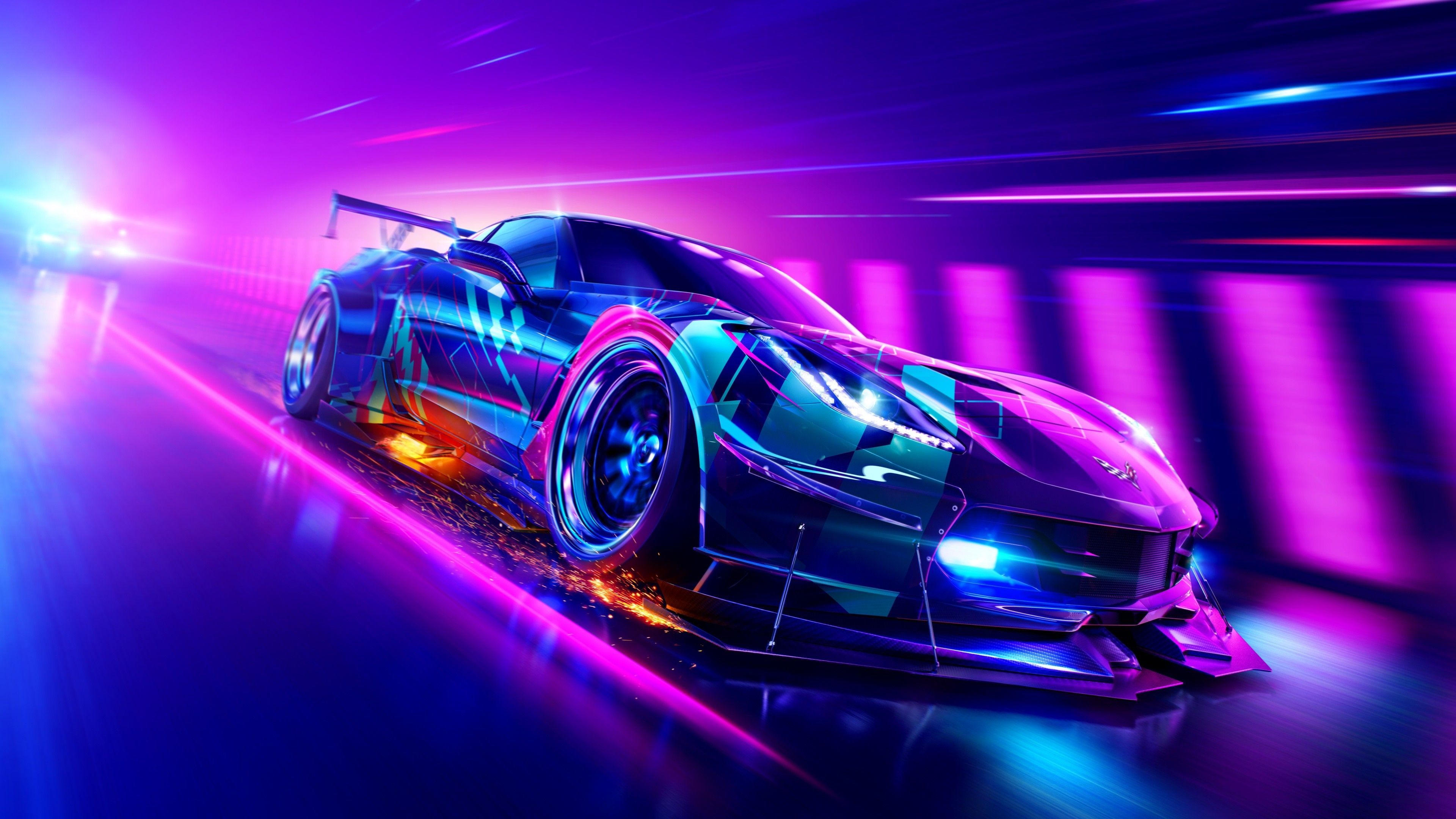 Sportwagen, Neonlicht, Lila, Bewegungsunschärfe, Synthwave, 4K, Breitbild-Hintergrundbild