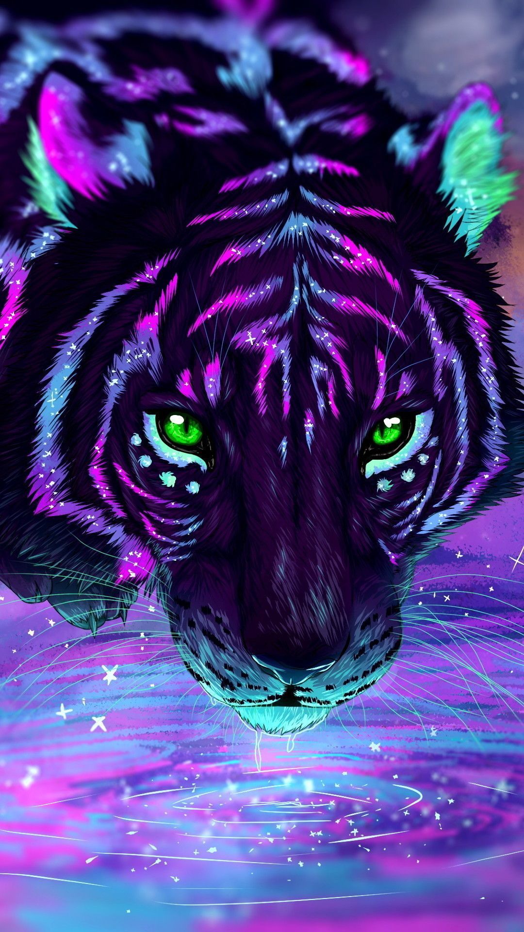 Tiger, Lila, Grüne Augen, Wasser, Digitale Kunst, Full HD, Hintergrundbild fürs Handy