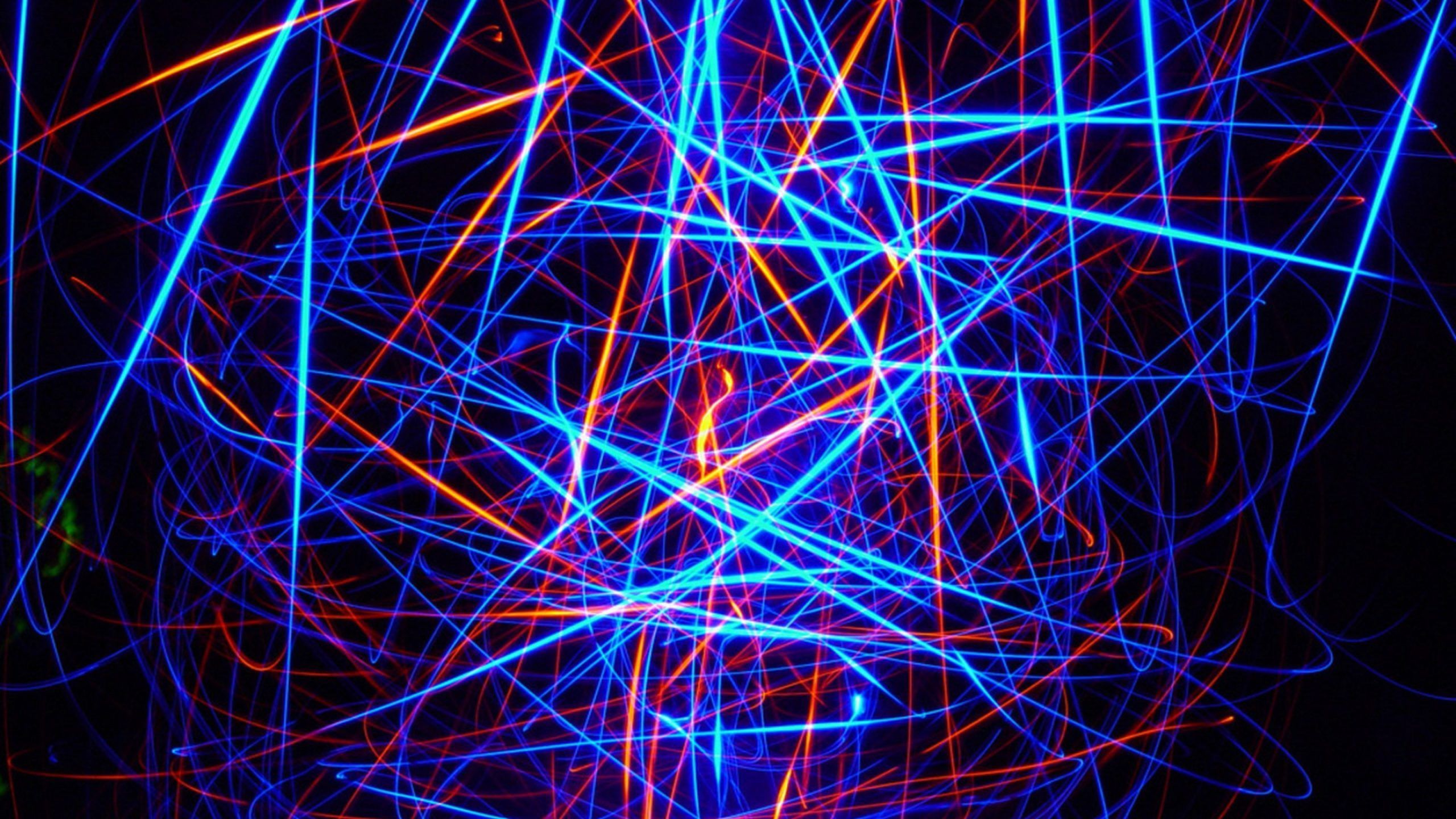 Neonlinien, Chaos, Blau, Orange, Laserstrahlen, 2K, Desktop-Hintergrund für Windows