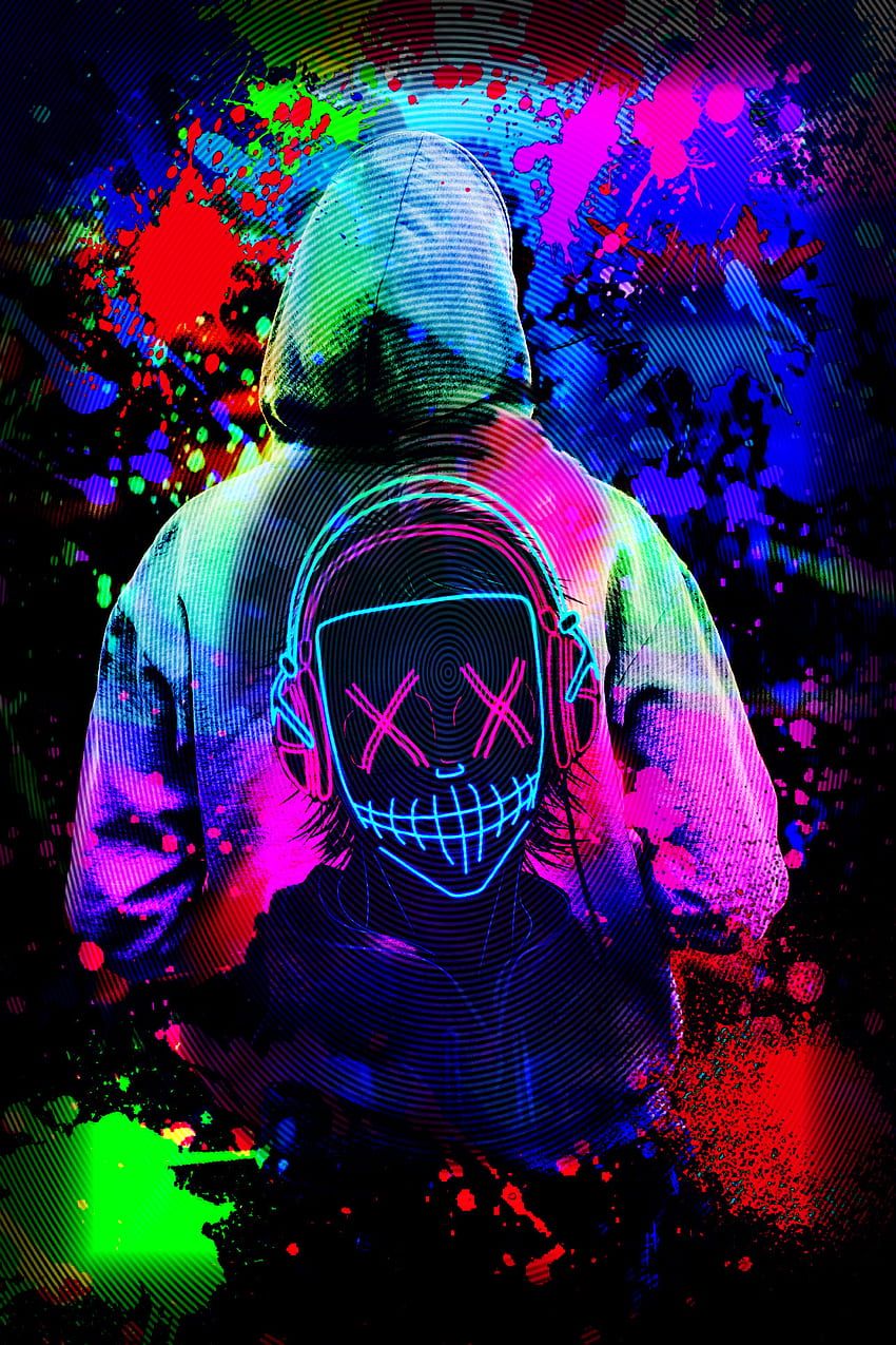 LED-Maske, Hoodie, Farbspritzer, Rückansicht, Bunt, HD, Hintergrundbild fürs Handy
