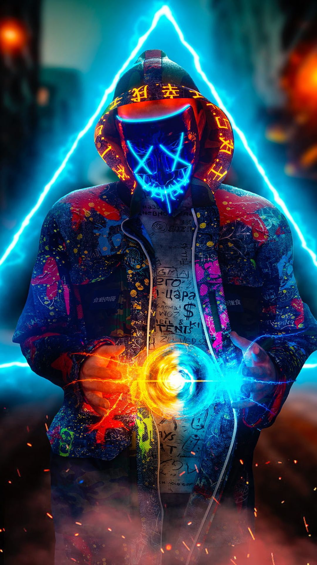 LED-Maske, Neon-Dreieck, Kapuzenmann, Feuerball, Cyan, Hochformat, Hintergrundbild fürs Smartphone
