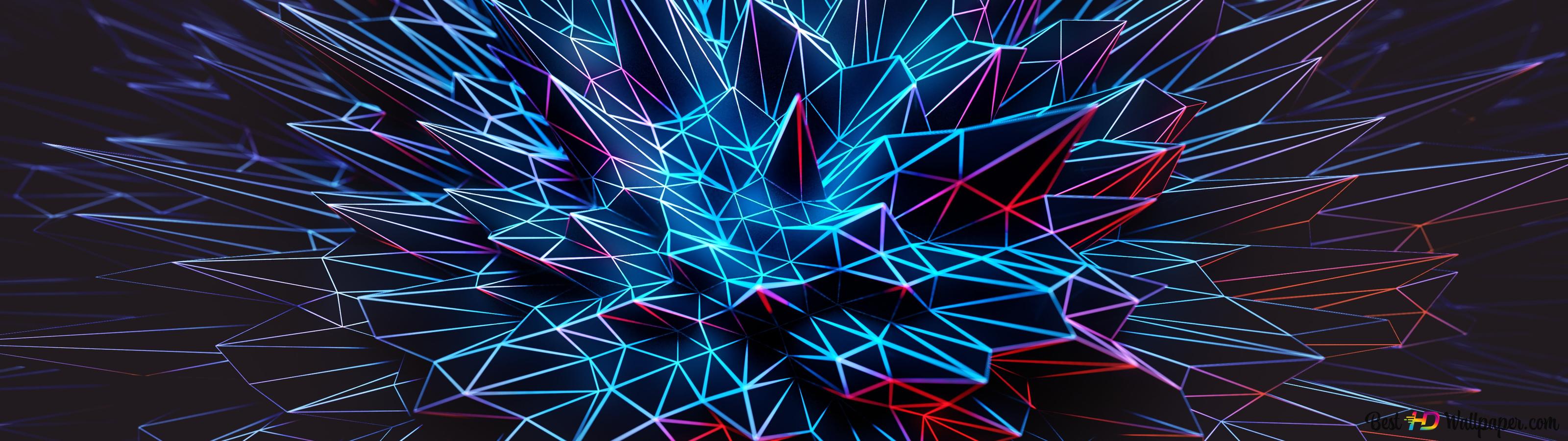 Polygonlinien, Netz, Explosion, Cyan, Dunkel, 32:9, HD-Hintergrundbild für den Desktop