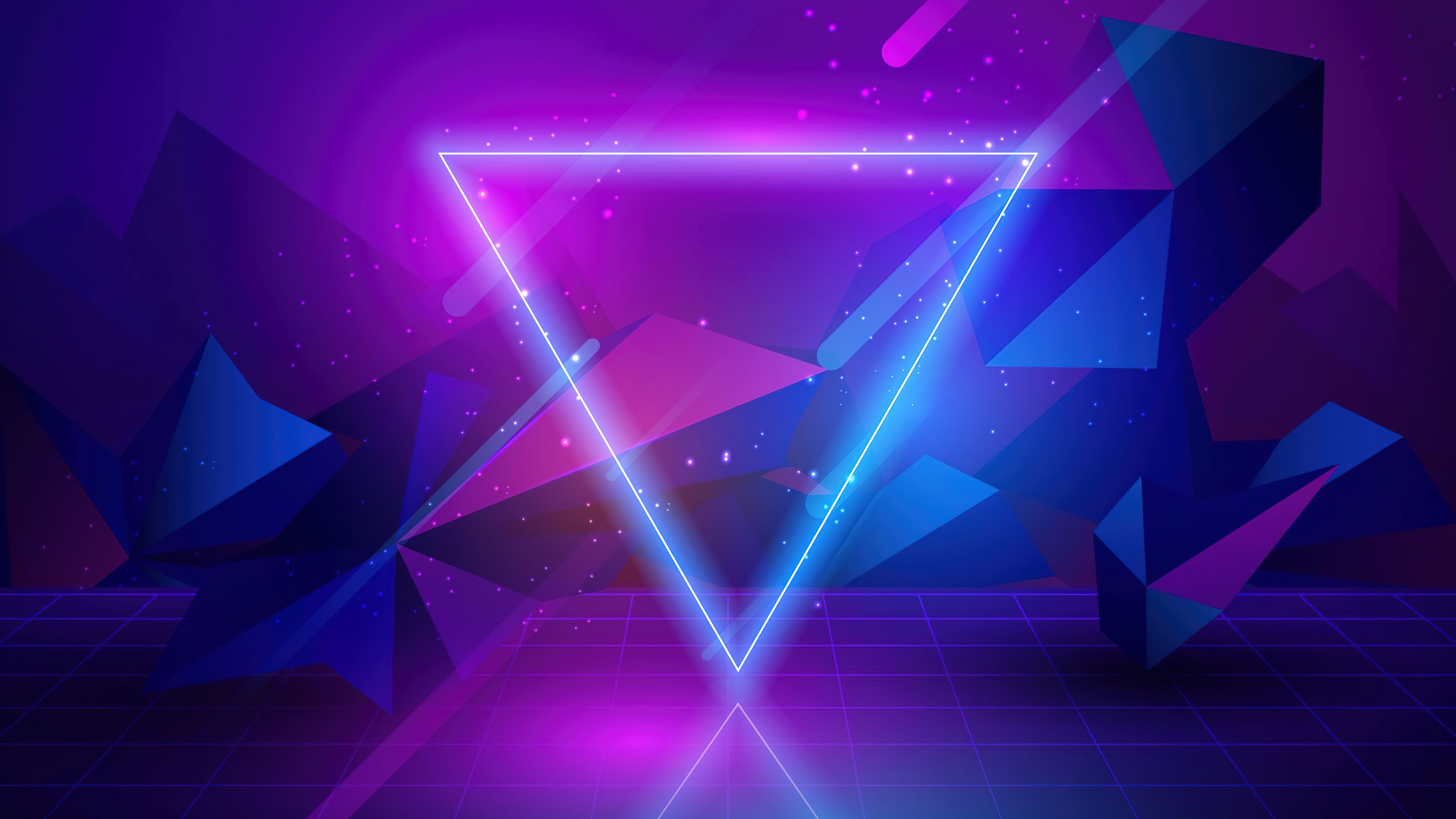 Neon-Dreieck, Low Poly, Lila, Blau, Geometrisch, 4K, Hintergrund für den Desktop