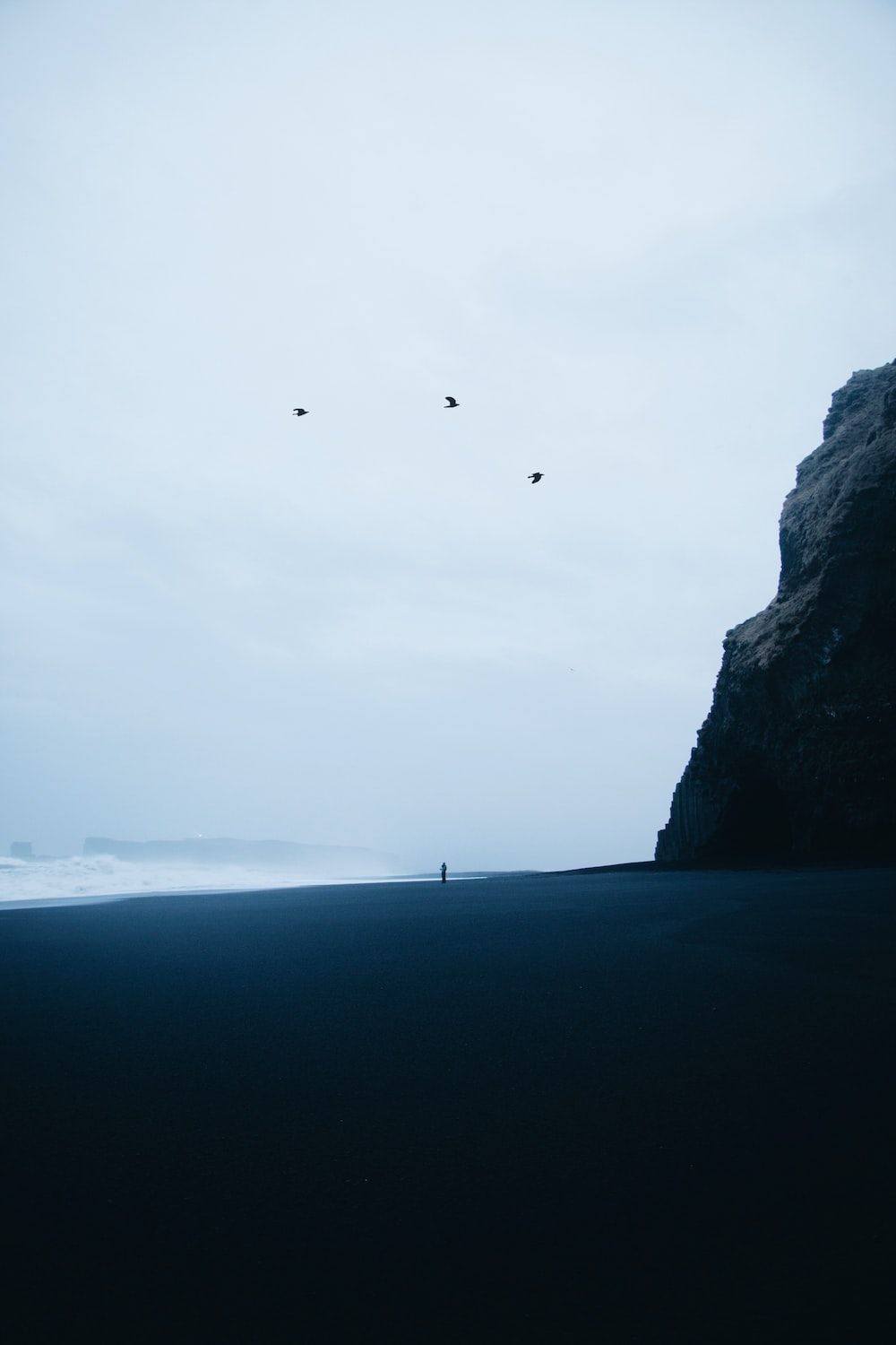 Klippe, Meer, Nebel, Vögel, Minimalistisch, Grau, Hochformat, Hintergrundbild fürs Smartphone
