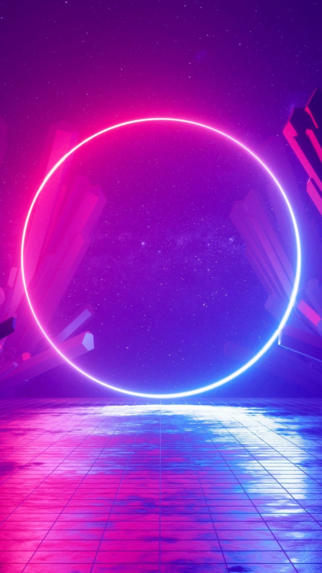 Neon-Ring, Lila, Pink, Spiegelung, Abstrakt, Futuristisch, Full HD, Handy-Hintergrundbild