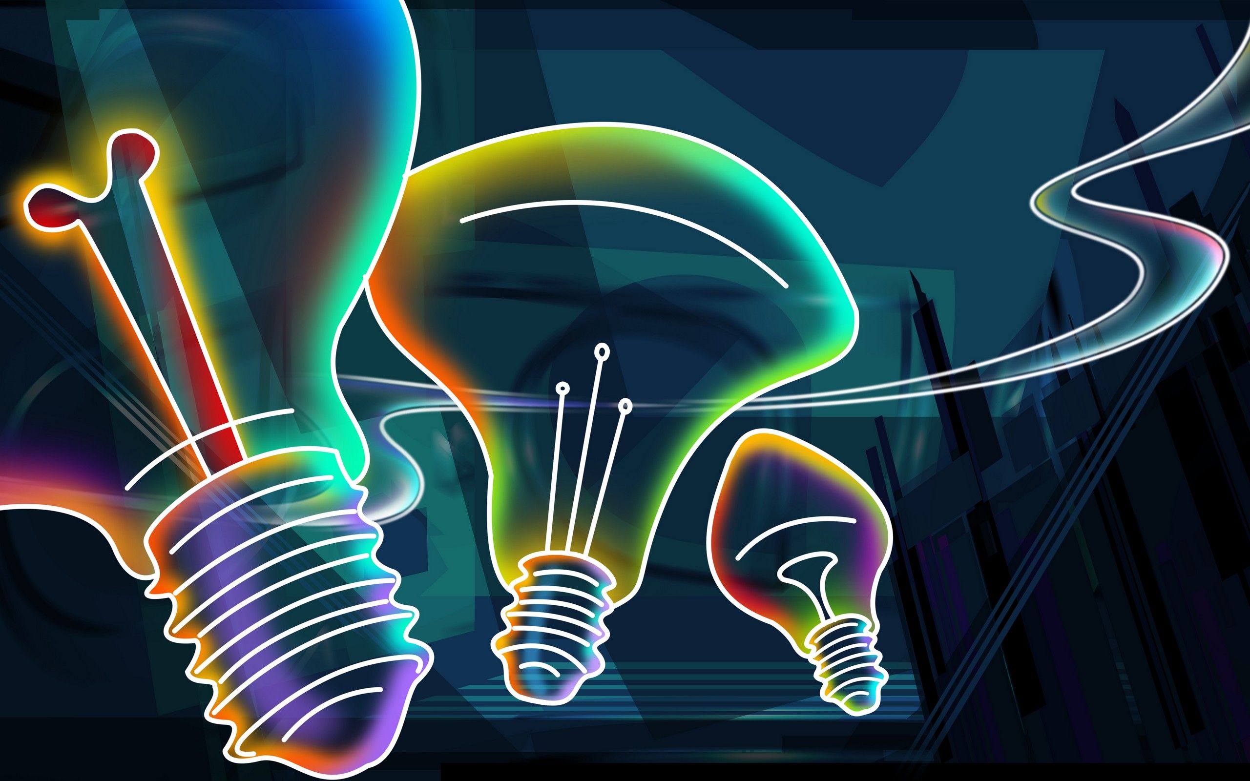 Glühbirnen, Neonumriss, Illustration, Gelb, Türkis, 2K, Hintergrund für den Desktop