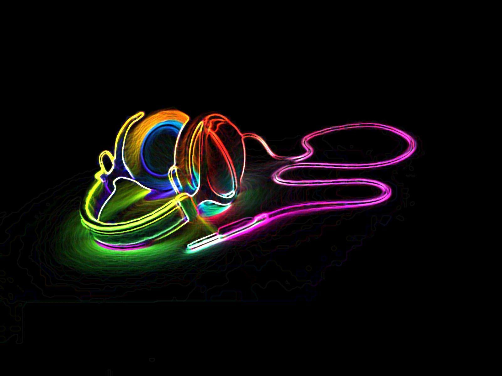 Kopfhörer, Neonlinien, Schwarzer Hintergrund, Regenbogenfarben, Musik, HD Wallpaper
