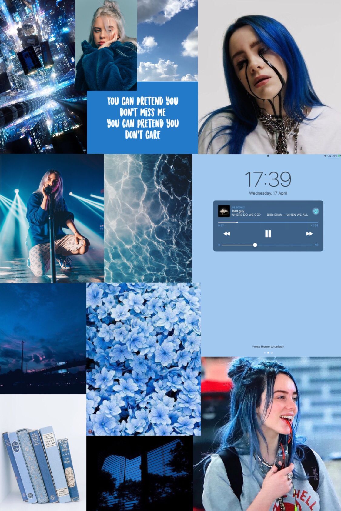 Billie Eilish, Collage, Blaue Haare, Blau, Ästhetik, Hintergrundbild für iPad und Tablet