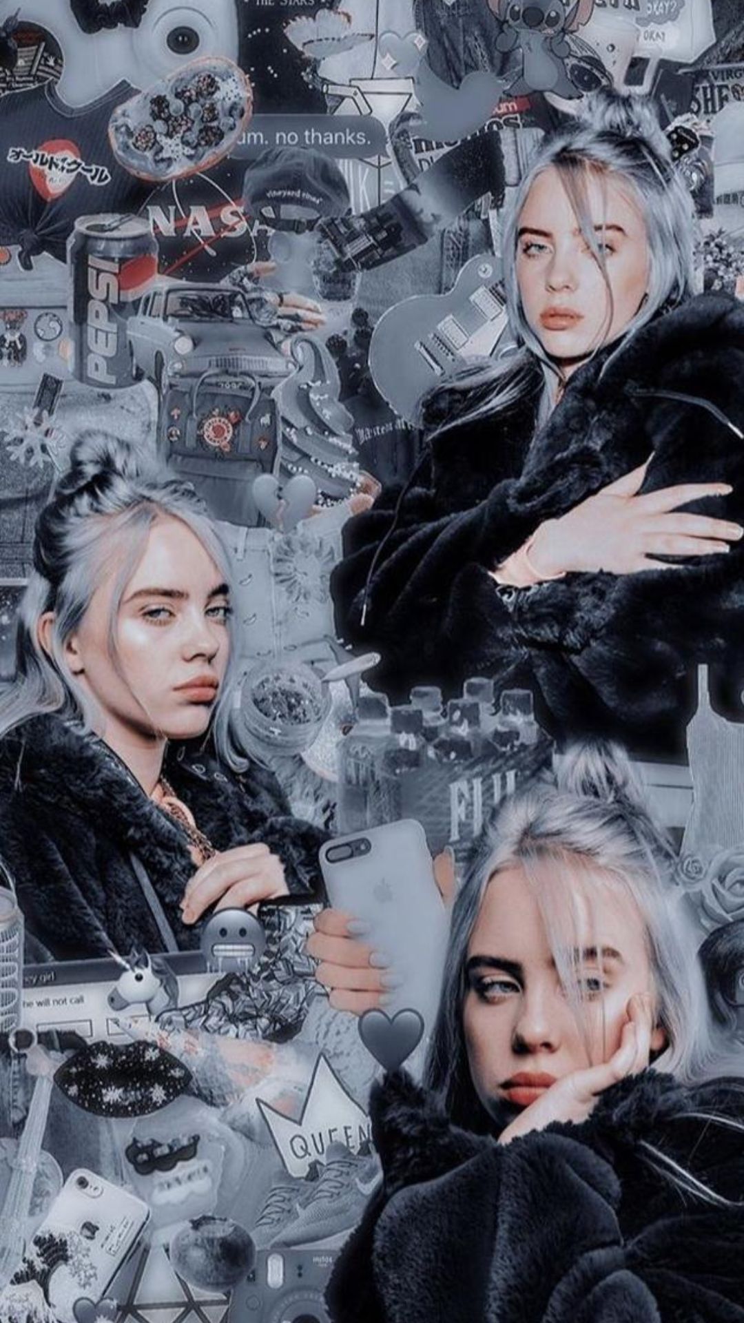 Billie Eilish, Collage, Grau, Schwarz-Weiß, Full HD, Hintergrundbild fürs Handy