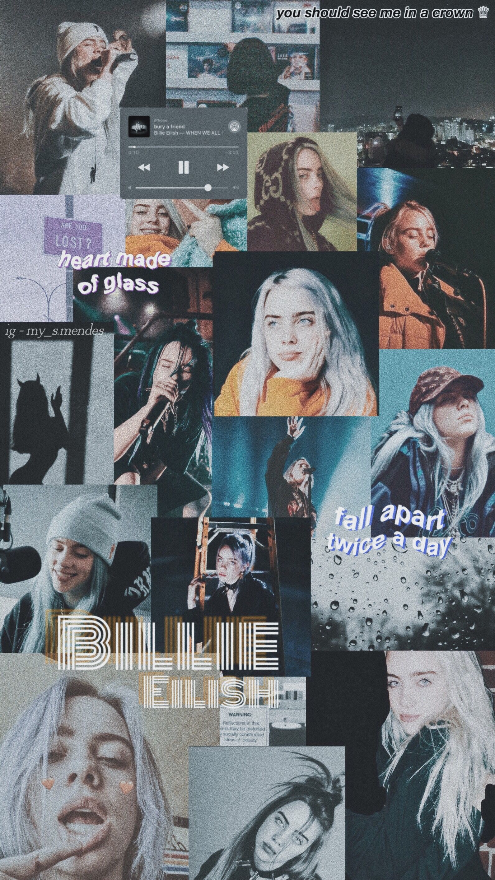 Billie Eilish, Collage, Graublau, Fotos, Hintergrundbild für iPhone und Android
