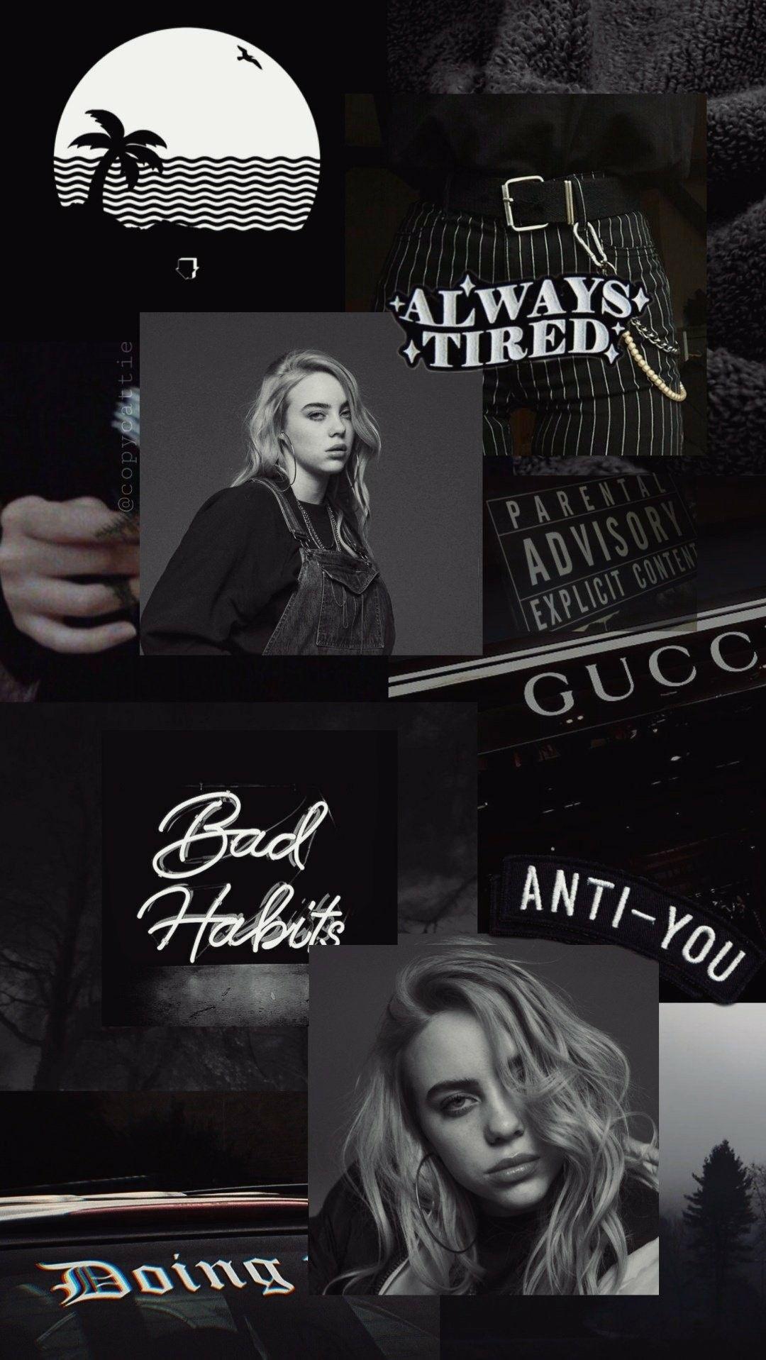 Billie Eilish, Collage, Schwarz-Weiß, Typografie, Full HD, Handy-Hintergrund im Hochformat