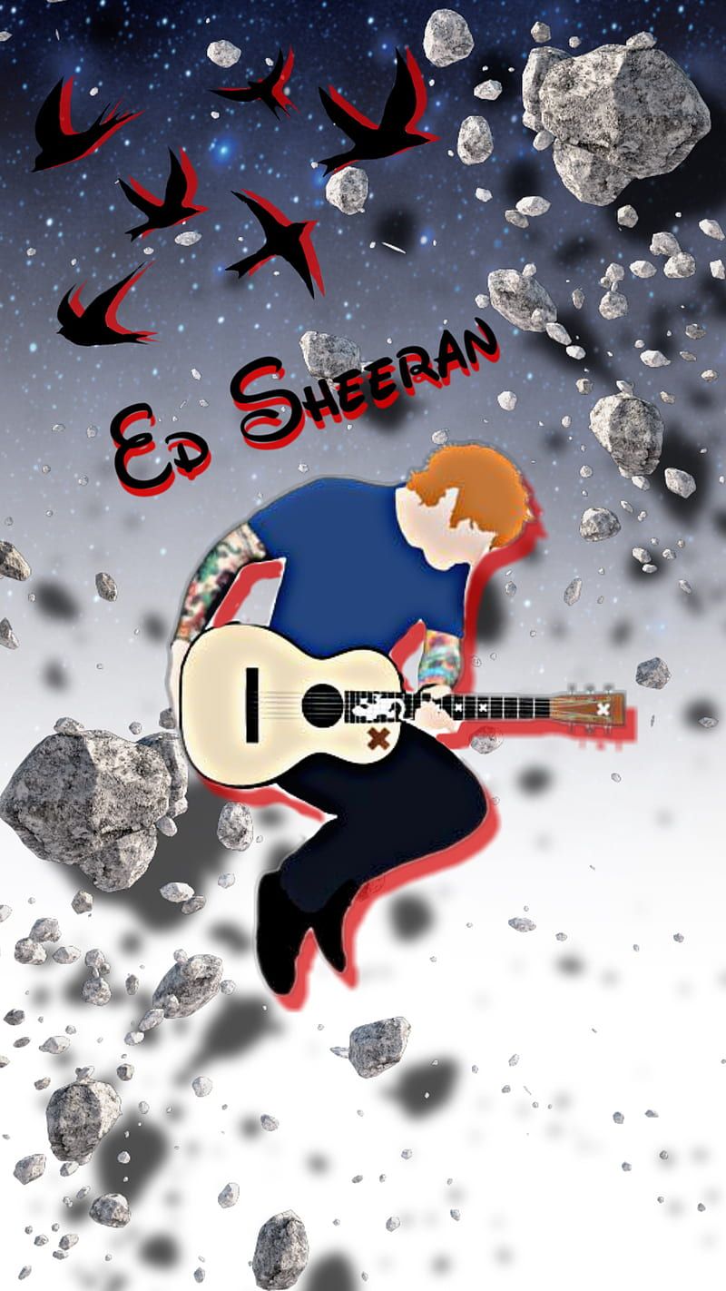 Ed Sheeran, Gitarre, Cartoon, Schriftzug, Fanart, Hochformat, Hintergrundbild fürs Smartphone