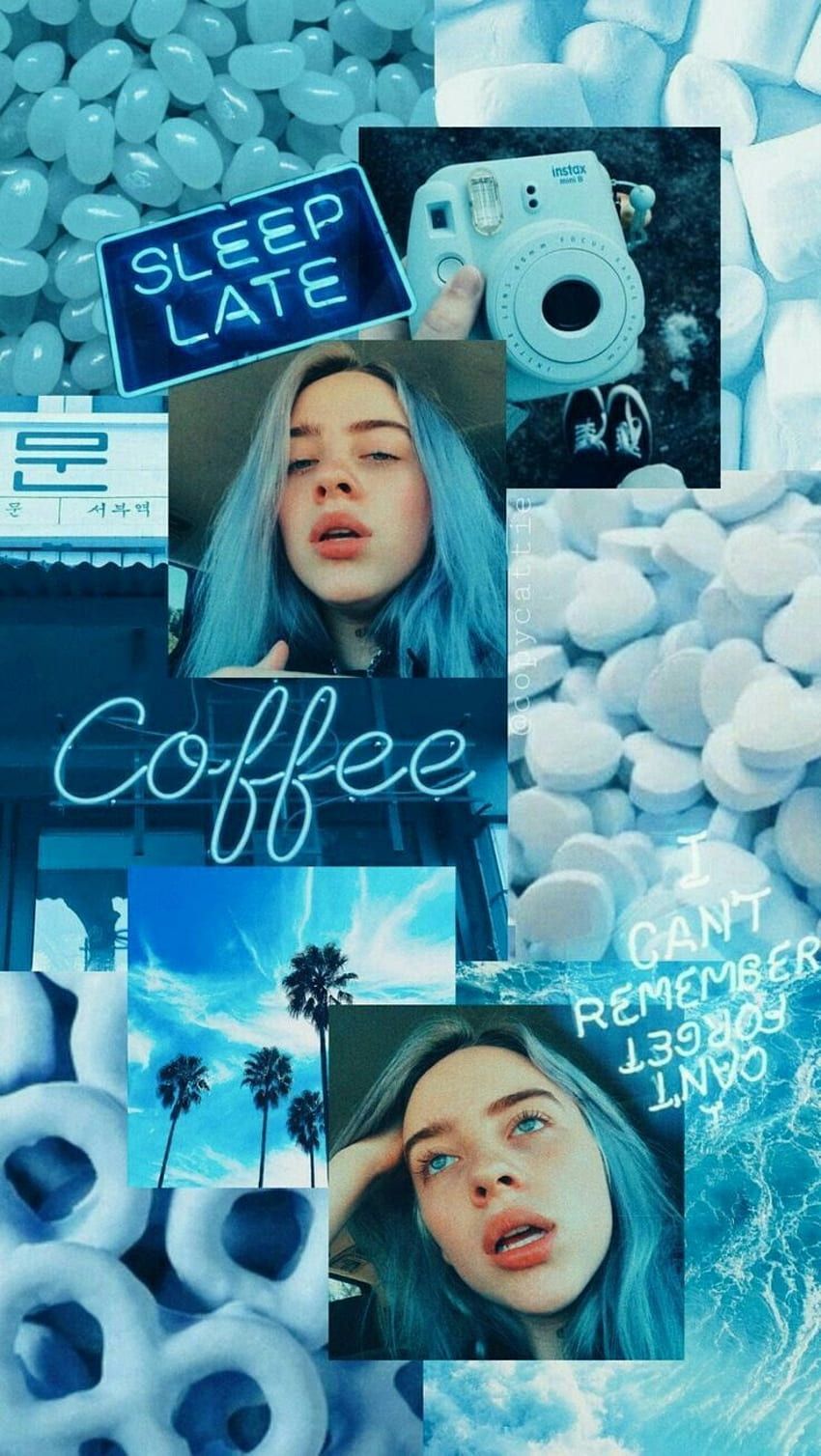 Billie Eilish, Coffee, Collage, Türkis, Sleep Late, HD, Hintergrundbild fürs Handy