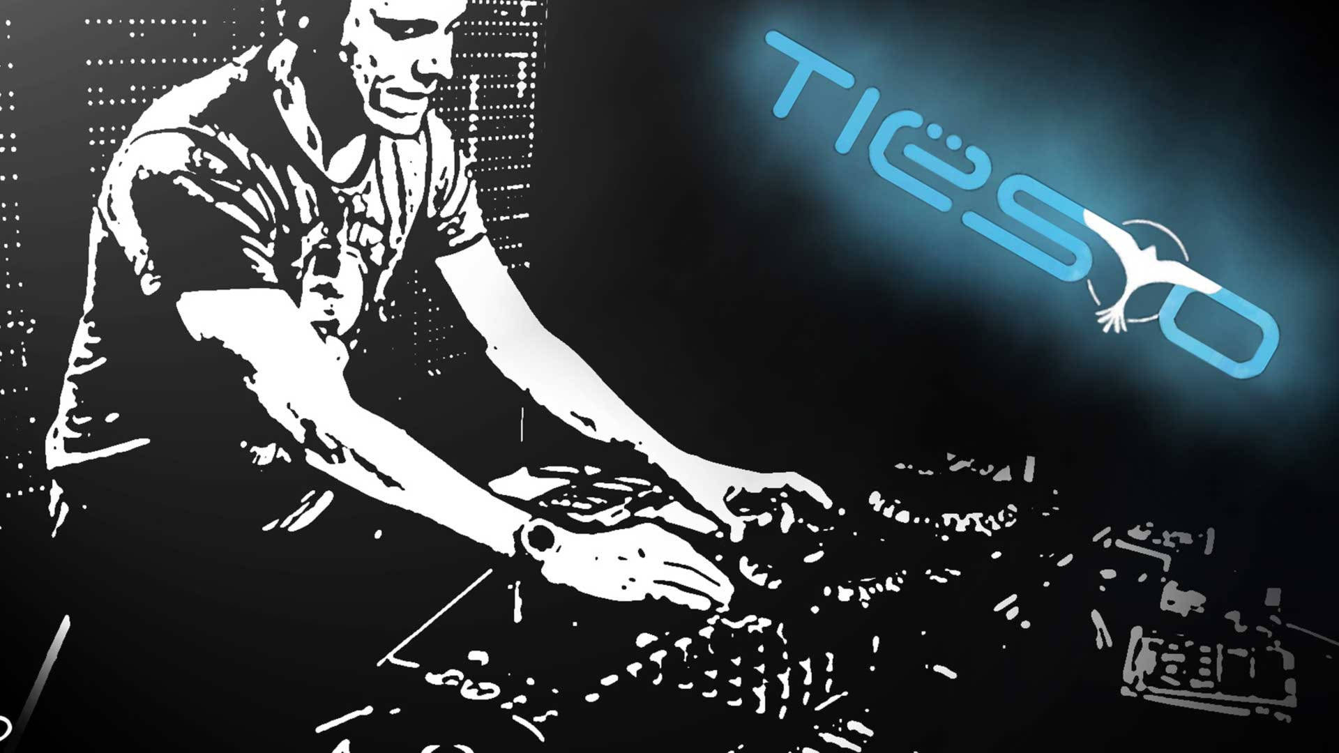 Tiësto, DJ-Pult, Schwarz-Weiß, Blaues Logo, Mischpult, Full HD 1080p, Desktop-Hintergrundbild