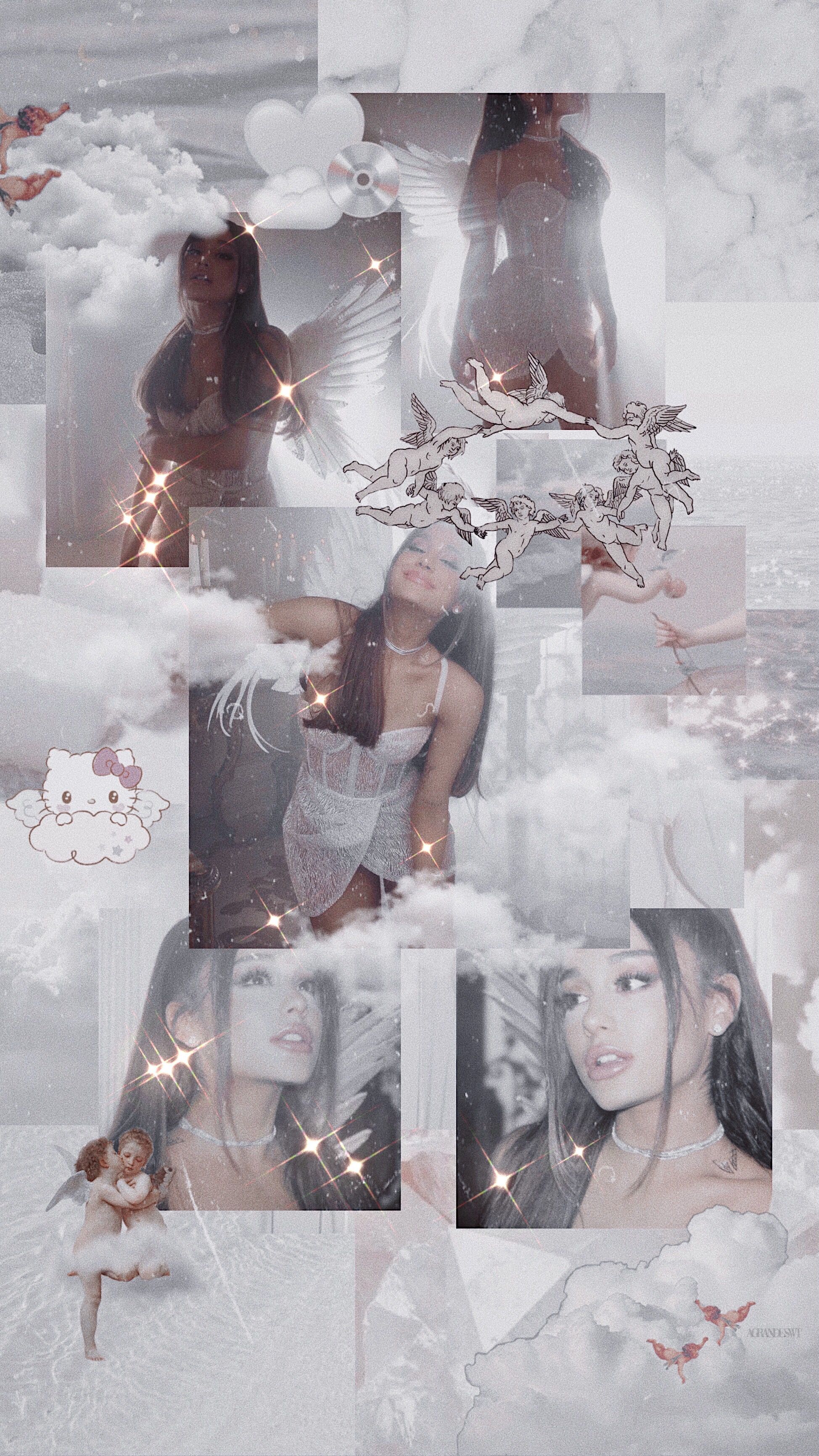 Ariana Grande, Collage, Wolken, Rosa, Aesthetic, Hintergrundbild für iPhone und Android