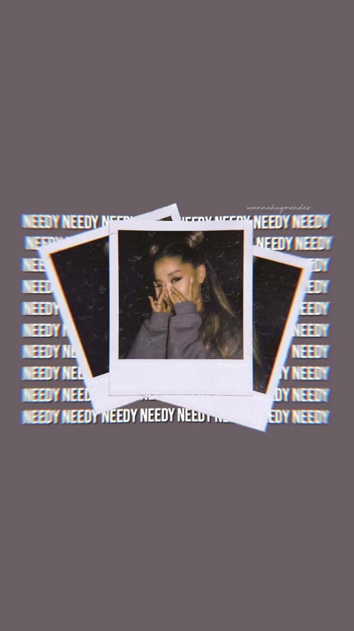 Ariana Grande, Needy, Polaroids, Grau, Typografie, Hochformat, Hintergrundbild fürs Smartphone