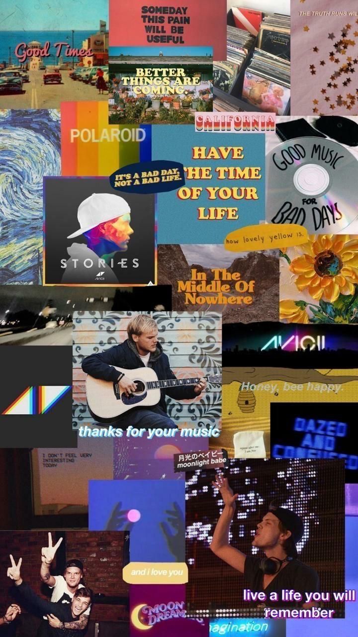 Avicii, Collage, Zitate, Albumcover, Bunt, Hintergrundbild für iPhone und Android