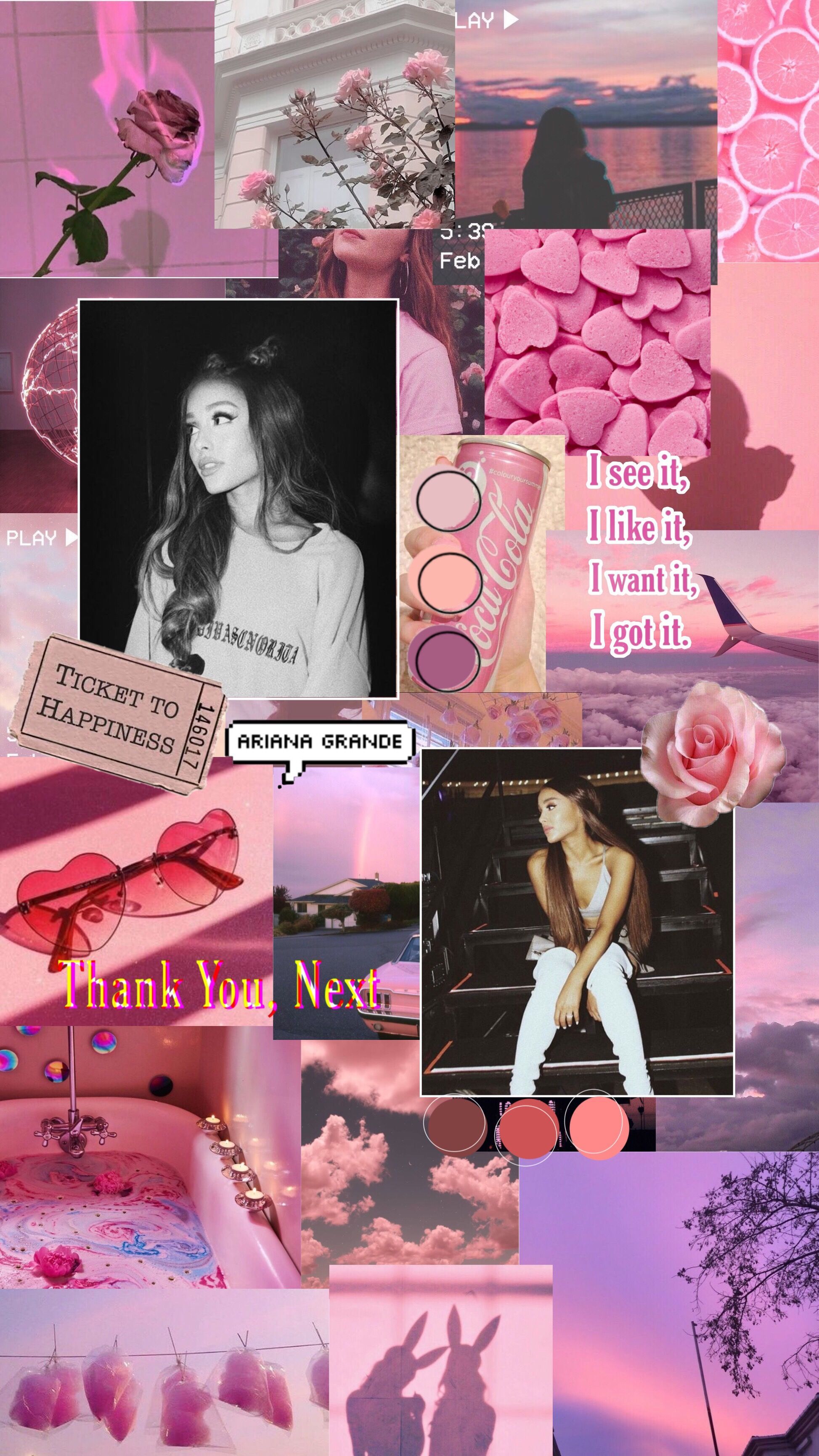 Ariana Grande, Collage, Rosa, Aesthetic, Moodboard, QHD+, Hintergrundbild fürs Handy