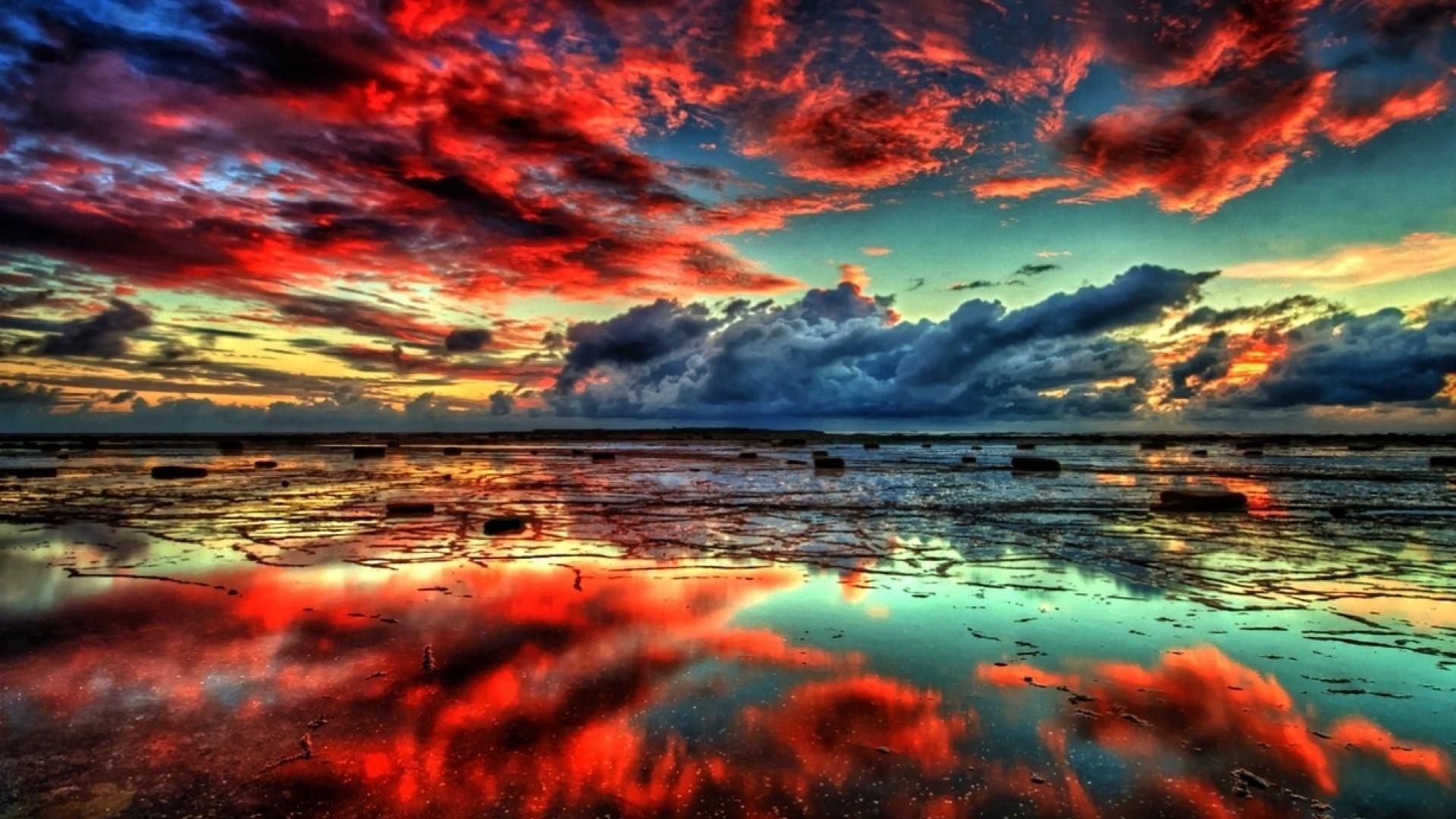 Rote Wolken, Spiegelung, Sonnenuntergang, Meer, Dramatisch, 1920x1080, Desktop-Hintergrund
