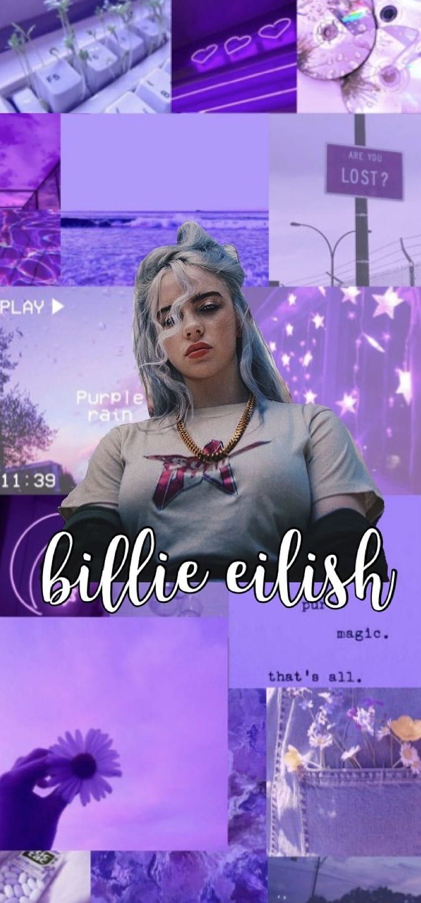Billie Eilish, Collage, Lila, Schriftzug, HD, Handy-Hintergrund im Hochformat