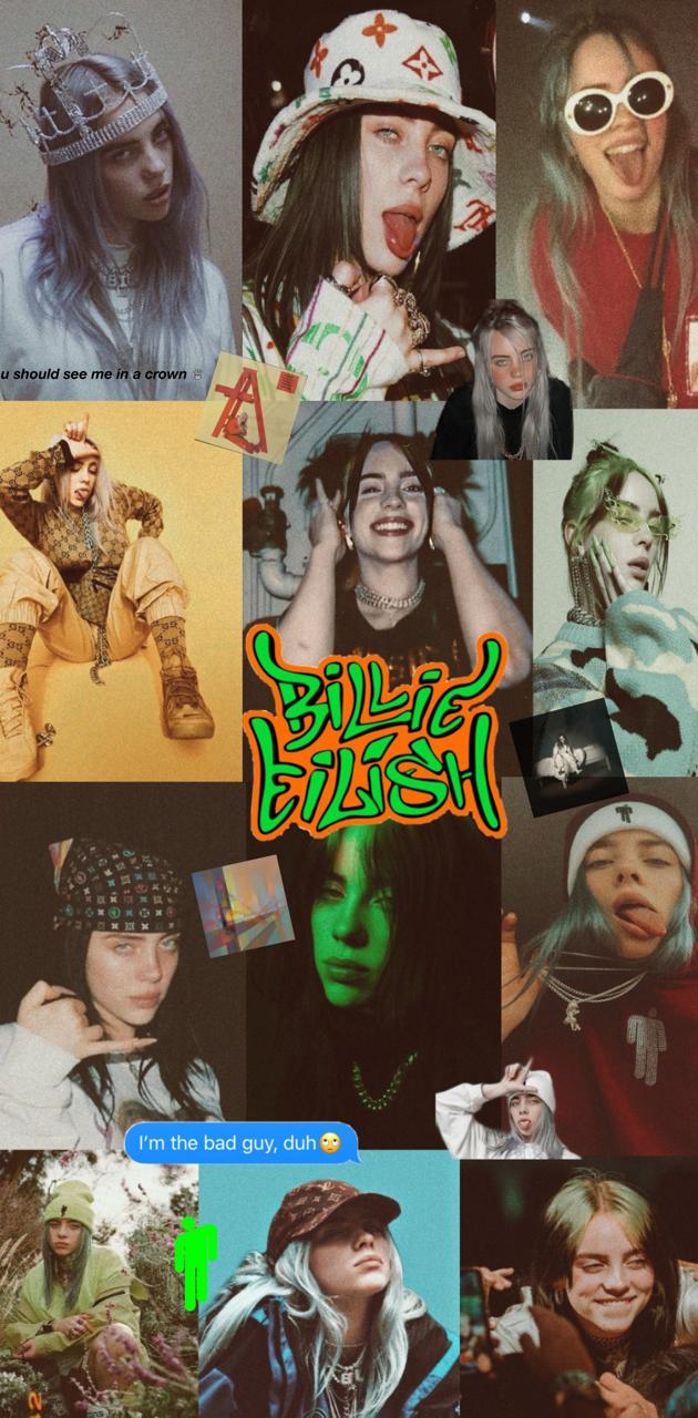 Billie Eilish, Collage, Bunt, Grüne Haare, Hochformat, Hintergrundbild fürs Smartphone