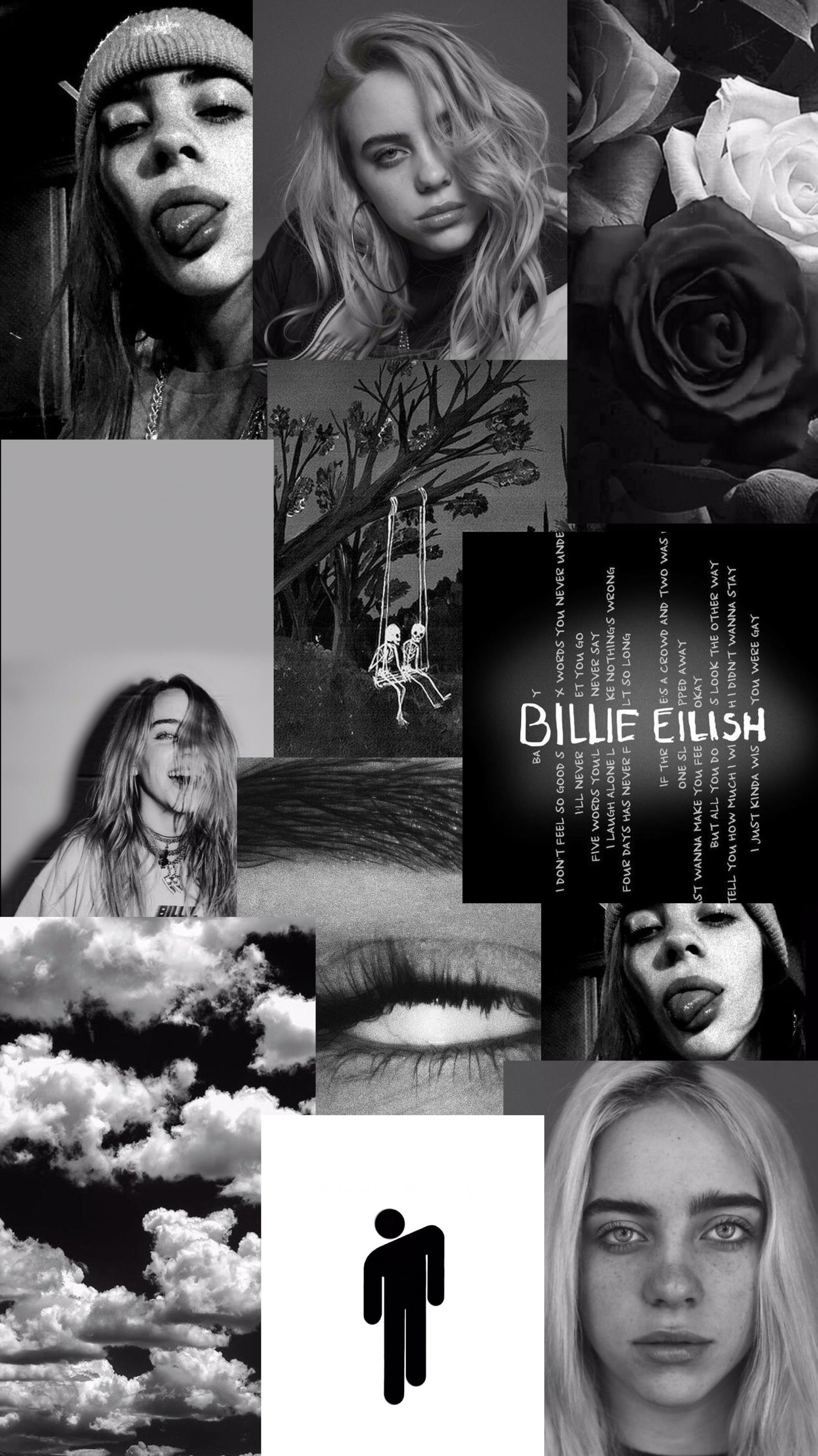 Billie Eilish, Collage, Schwarz-Weiß, Blohsh, QHD+, Hintergrundbild fürs Handy