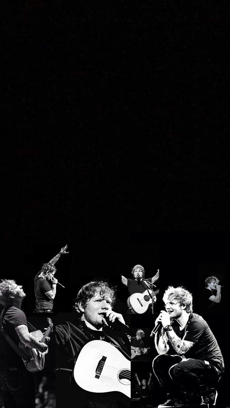Ed Sheeran, Bandfoto, Schwarzweiß, Gitarre, Dunkel, Hochformat, Hintergrundbild fürs Smartphone