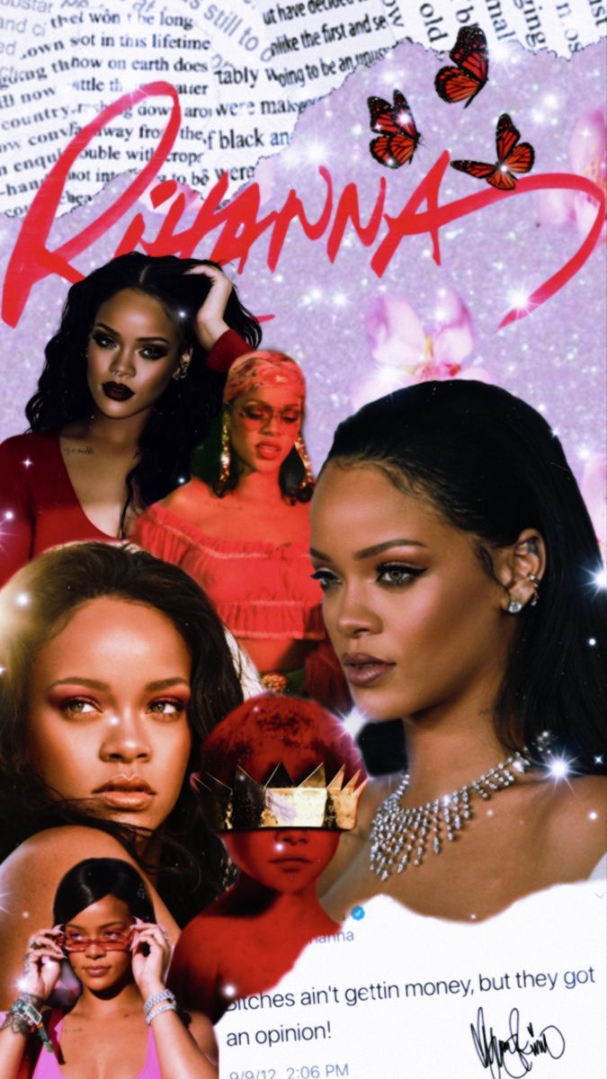 Rihanna, Collage, Schriftzug, Schmetterlinge, Rot, Hintergrundbild für iPhone und Android