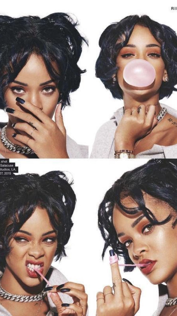 Rihanna, Collage, Kaugummiblase, Locken, Weißer Hintergrund, Sperrbildschirm fürs iPhone