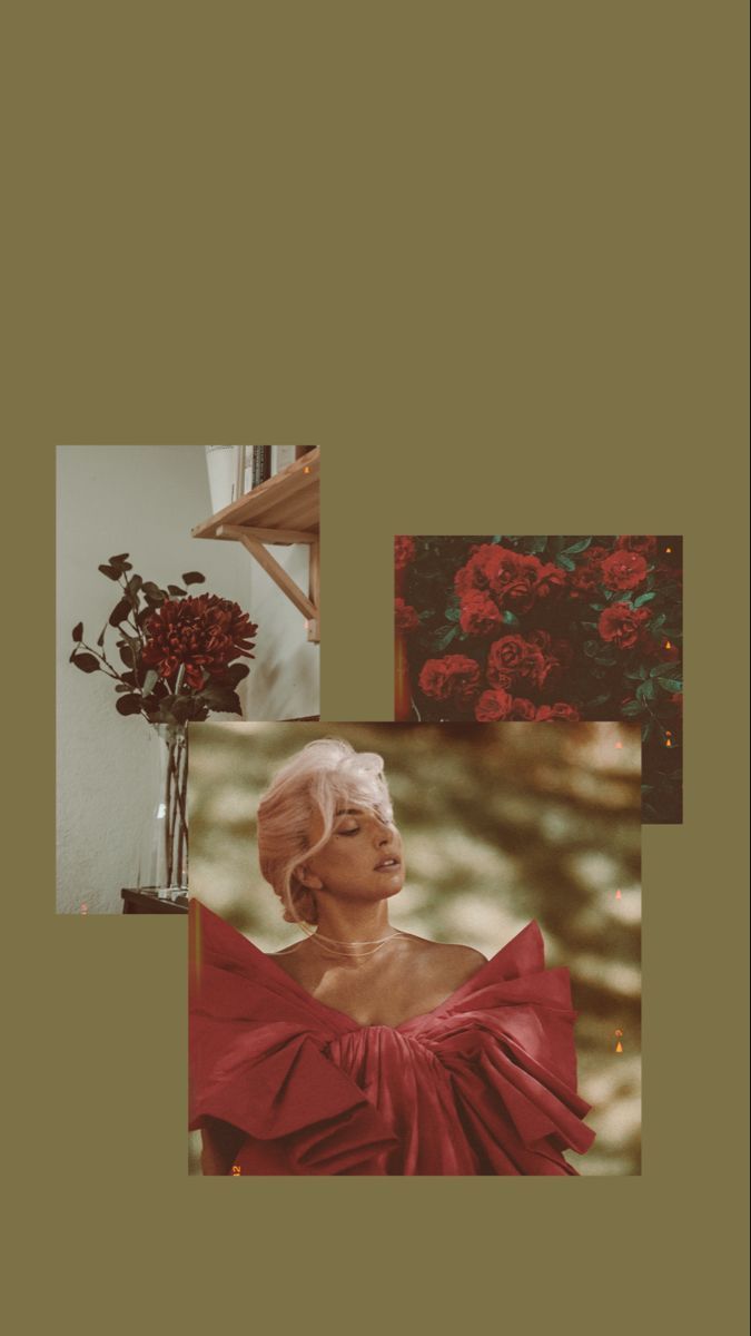 Lady Gaga, Collage, Rote Rosen, Olivgrün, Minimalismus, Hochformat, Hintergrundbild fürs Smartphone