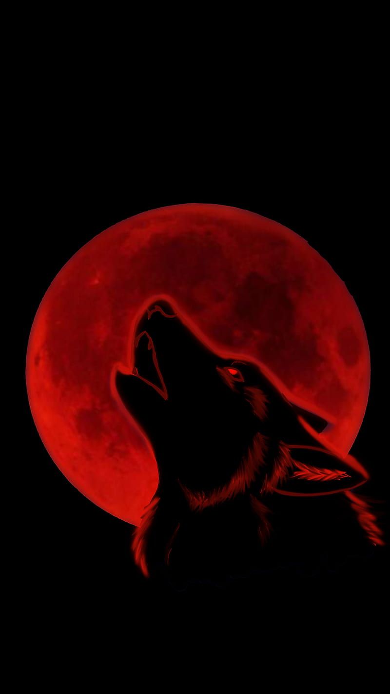 Heulender Wolf, Roter Mond, Silhouette, Schwarz, Minimalistisch, HD, Handy-Hintergrundbild
