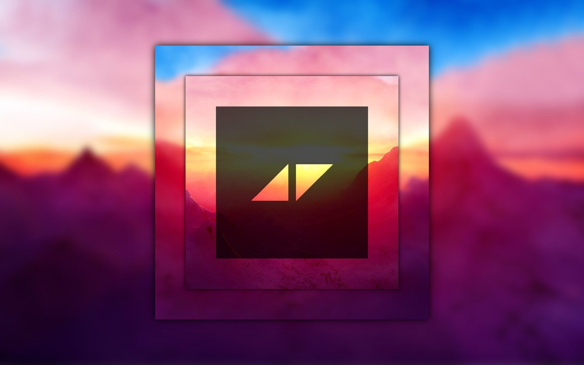 Avicii-Logo, Sonnenuntergang, Berge, Rahmen, Pink und Blau, Full HD, Breitbild-Hintergrundbild