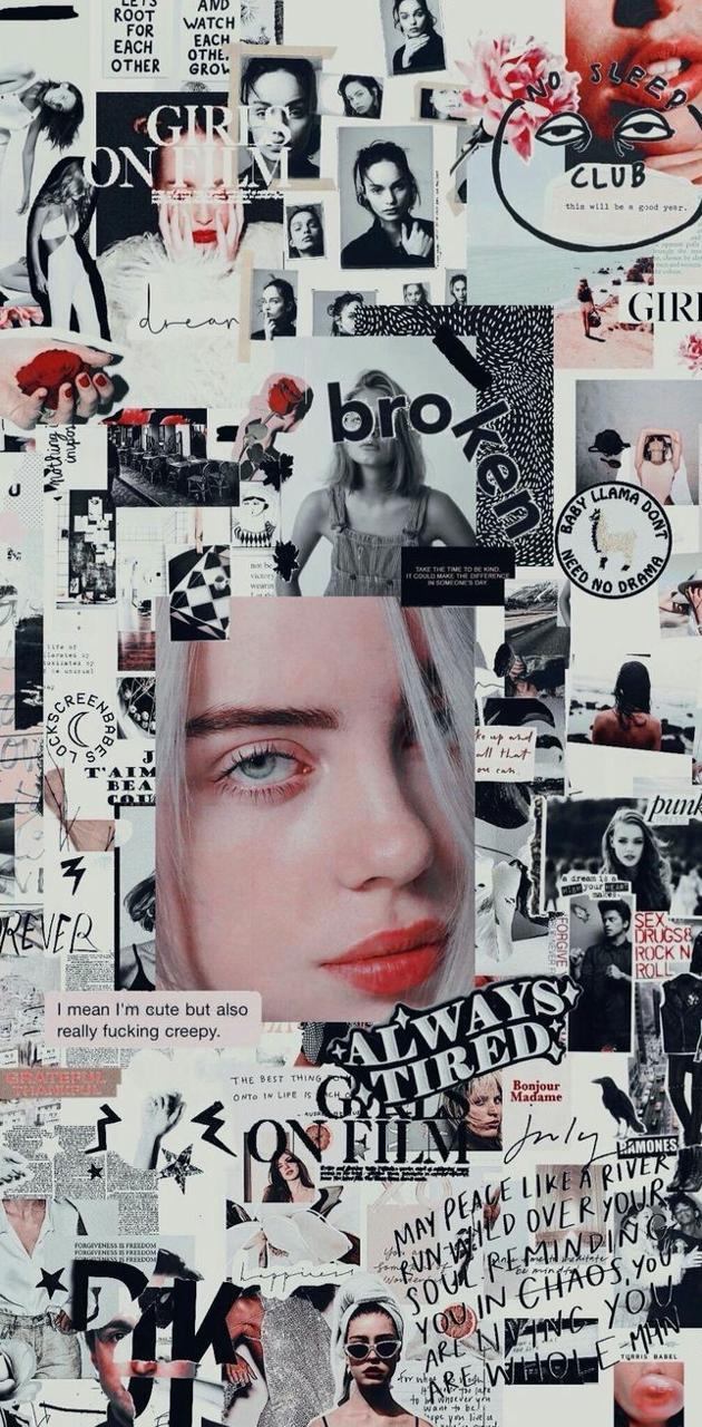 Billie Eilish, Collage, Zeitschriften, Rot-schwarz, Hintergrundbild für iPhone und Android