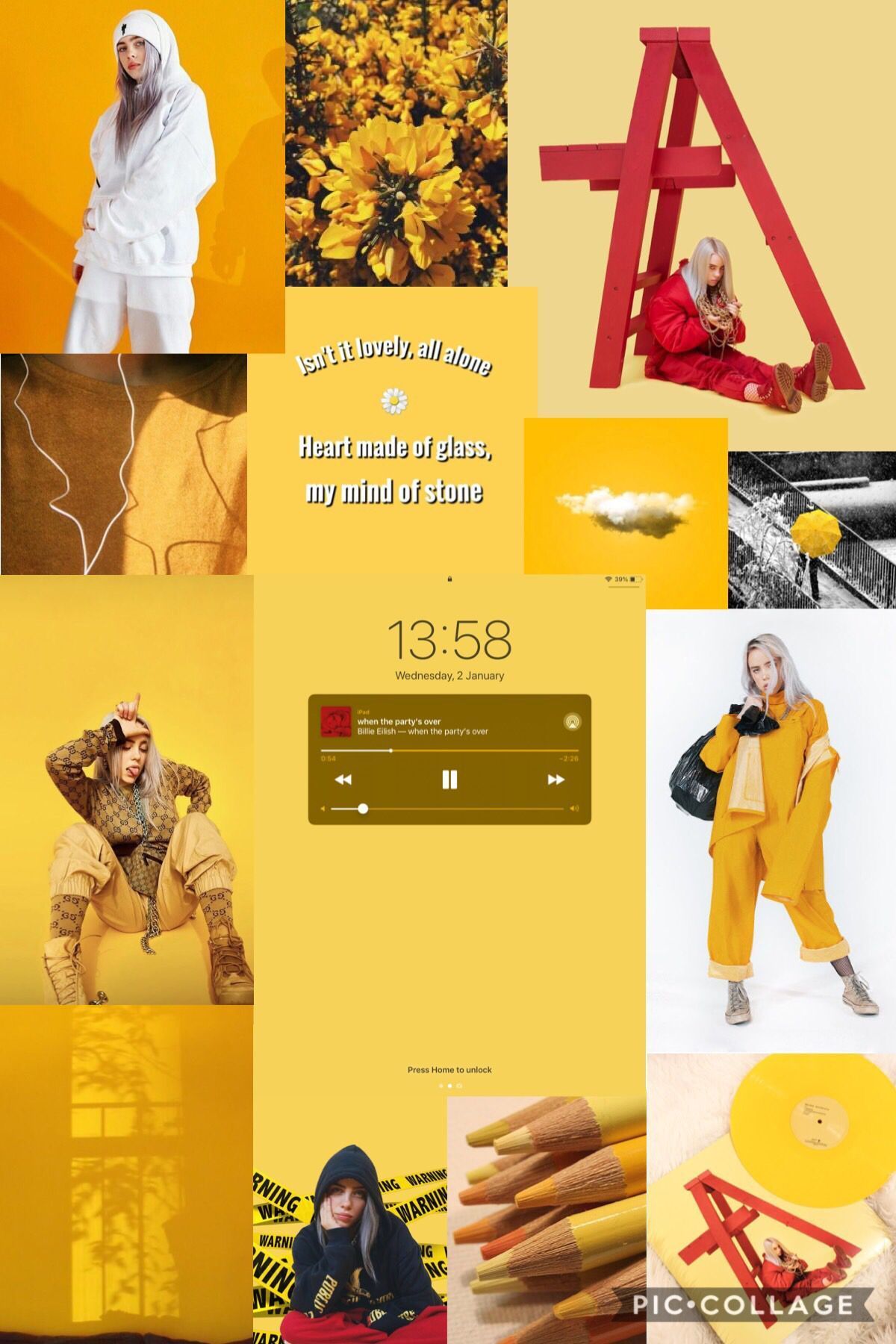 Billie Eilish, Collage, Gelb, Senfgelb, Full HD, Sperrbildschirm fürs iPhone