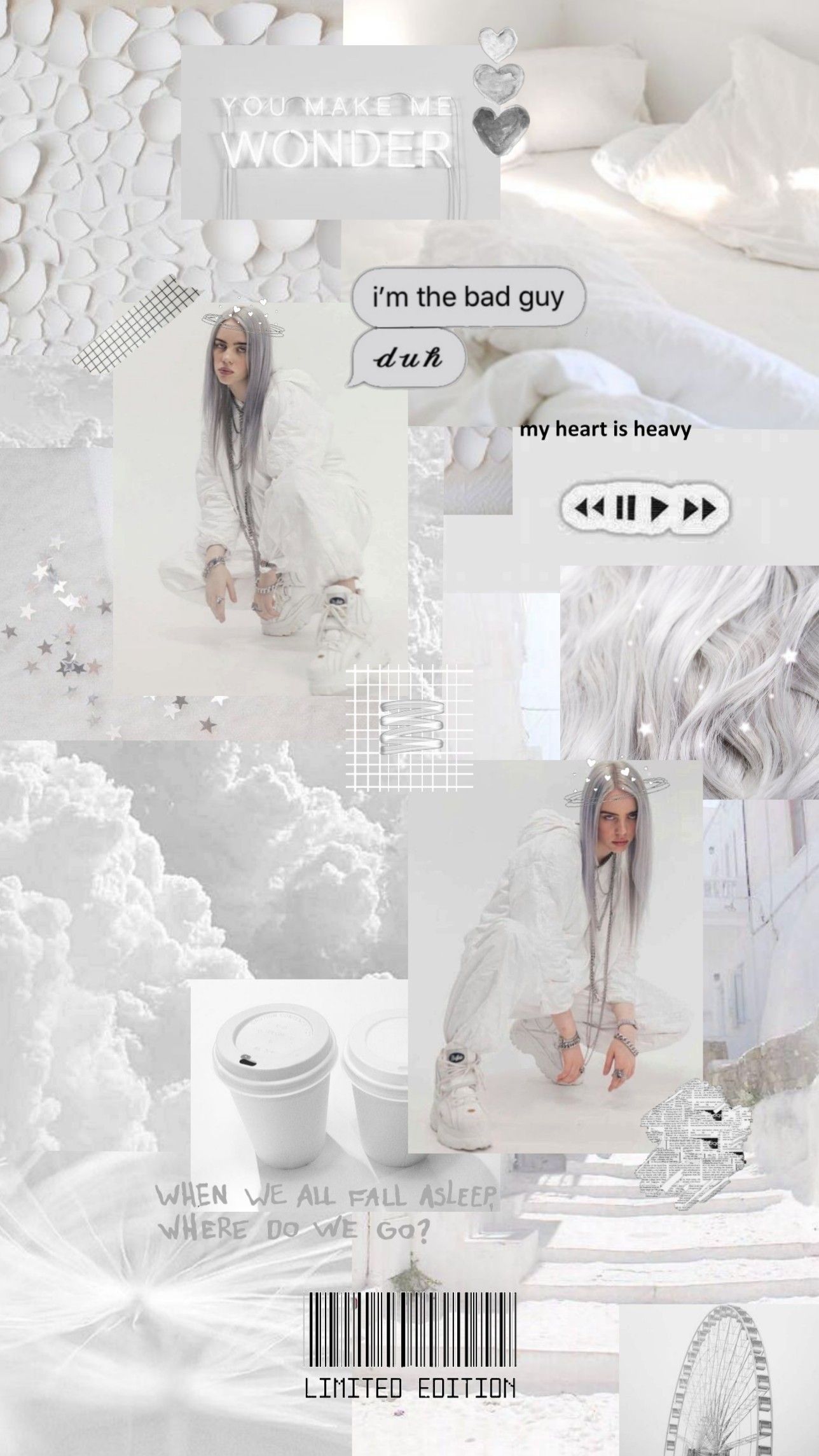Billie Eilish, Collage, Weiß, Pastell, Full HD, Hintergrundbild fürs Handy