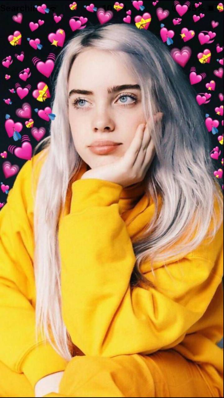Billie Eilish, Gelber Pullover, Herzen, Porträt, Hintergrundbild für iPhone und Android