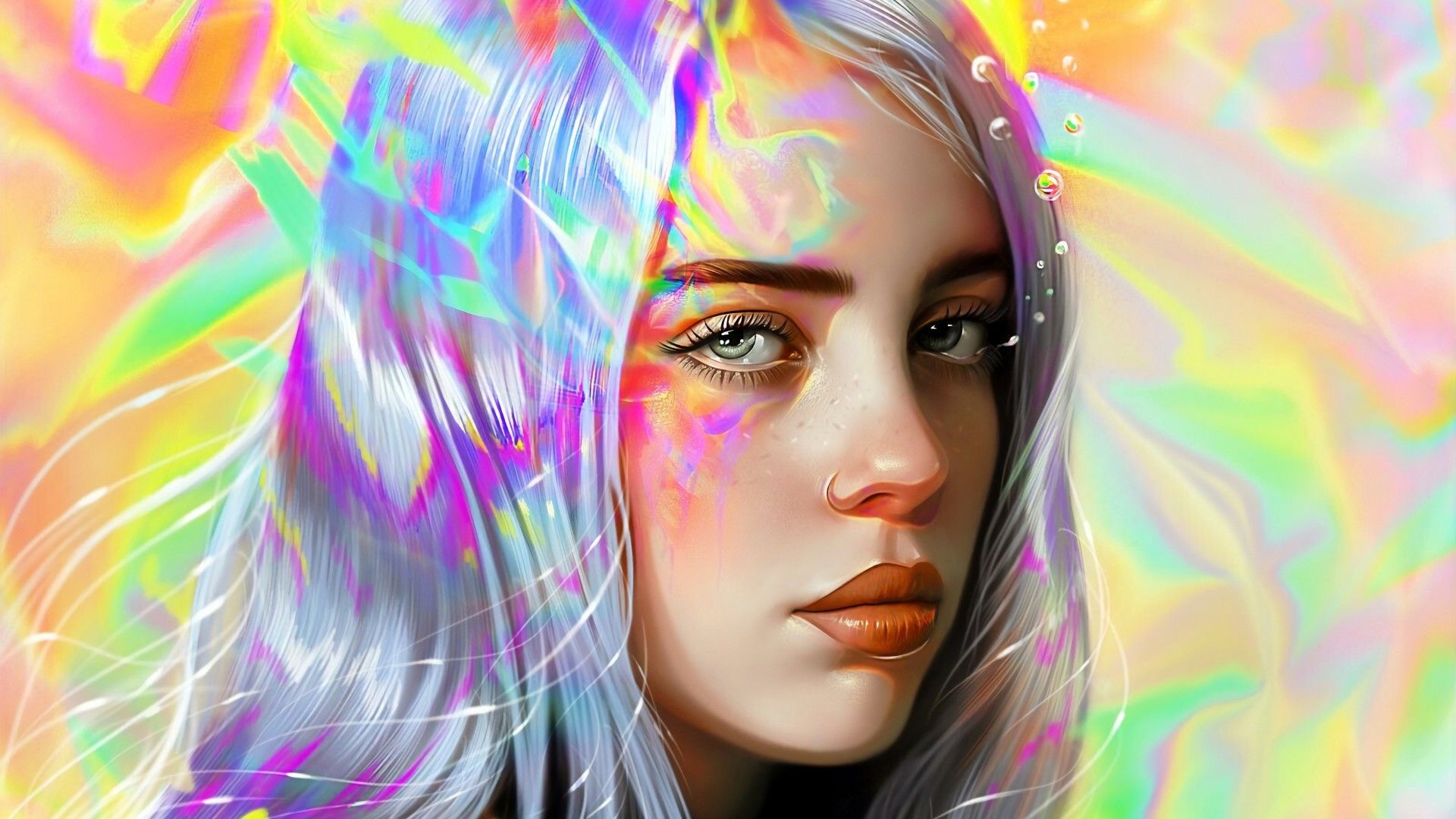 Billie Eilish, Holografisch, Regenbogenfarben, Digitale Kunst, Porträt, Full HD, Laptop-Hintergrundbild