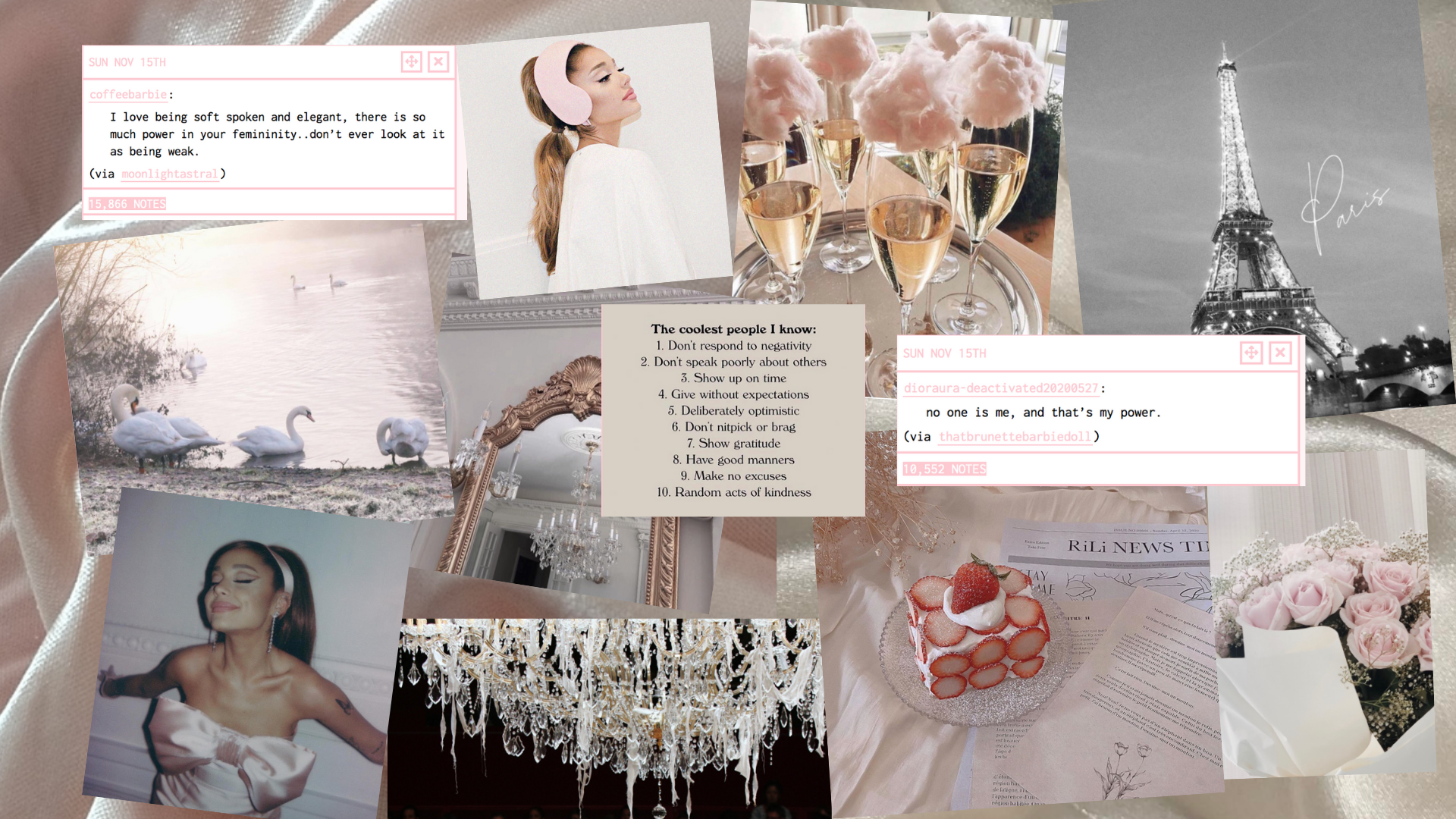 Ariana Grande, Collage, Eiffelturm, Schwäne, Aesthetic, Rosa, 1920x1080, PC-Hintergrundbild