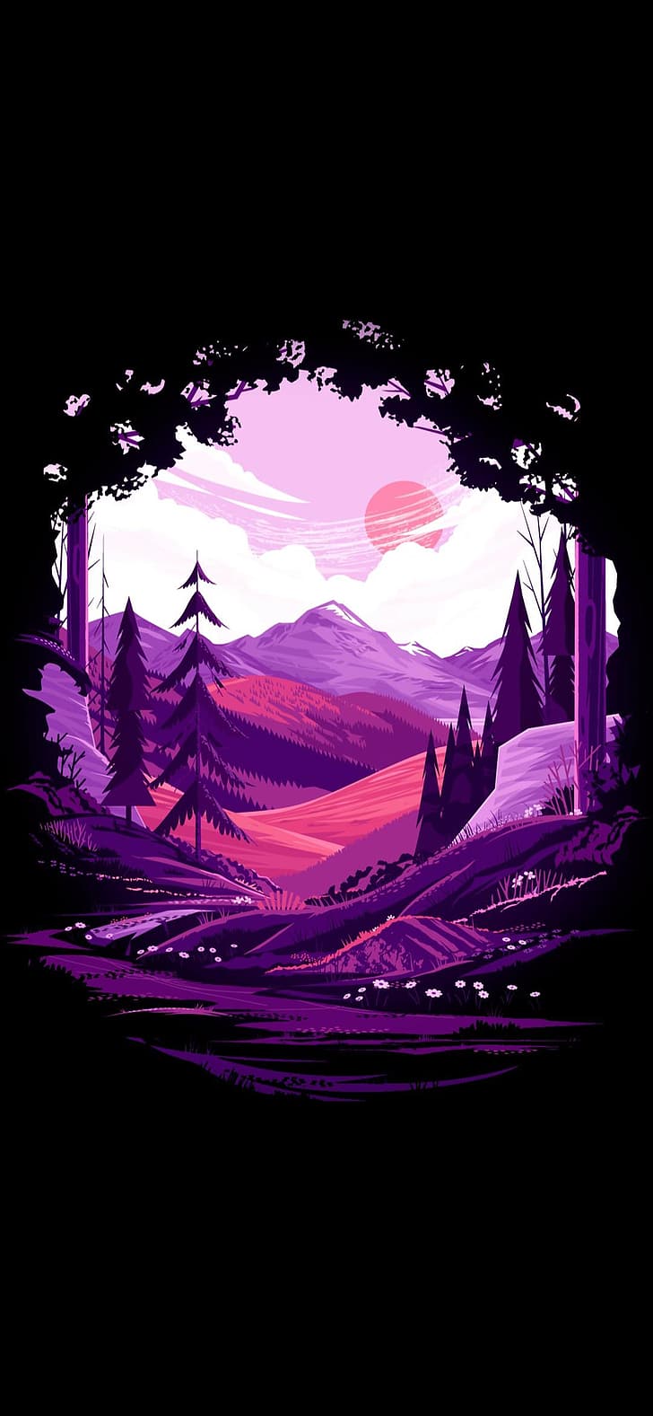 Berglandschaft, Lila, Illustration, Wald, Schwarzer Hintergrund, Sperrbildschirm fürs iPhone