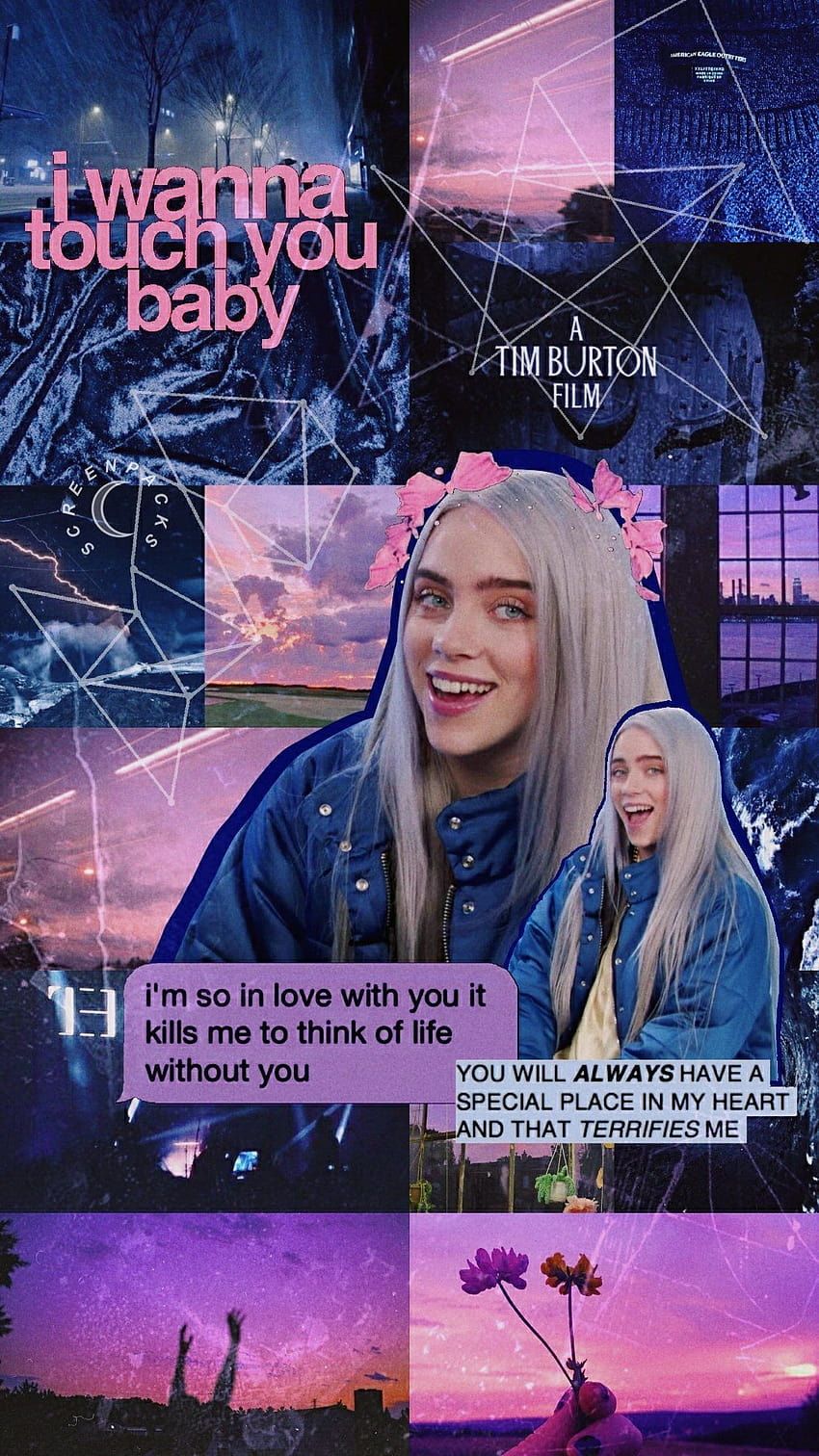 Billie Eilish, Collage, Lila, Neonlicht, Zitat, HD, Hintergrundbild fürs Handy