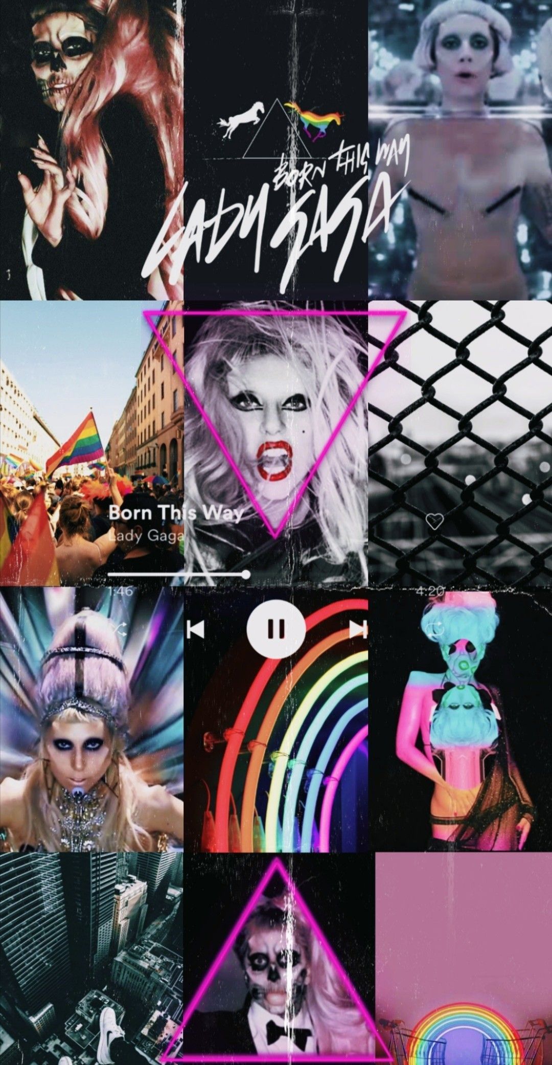 Lady Gaga, Collage, Regenbogen, Schwarz, Grunge, Full HD, Handy-Hintergrund im Hochformat